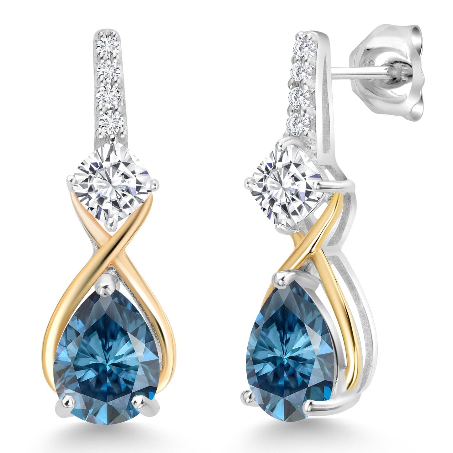 925 Silver and 10K Yellow Gold Gemstone Birthstone and Accent Lab Grown Diamond Dangle Earrings | Pear Shape and Cushion |Two-Tone Infinity Dangle Earrings For Women