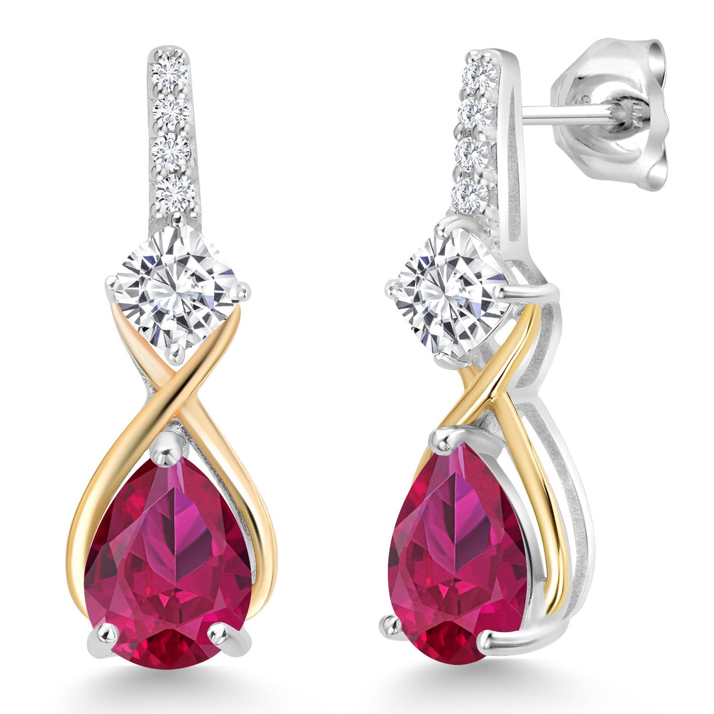 925 Silver and 10K Yellow Gold Gemstone Birthstone and Accent Lab Grown Diamond Dangle Earrings | Pear Shape and Cushion |Two-Tone Infinity Dangle Earrings For Women