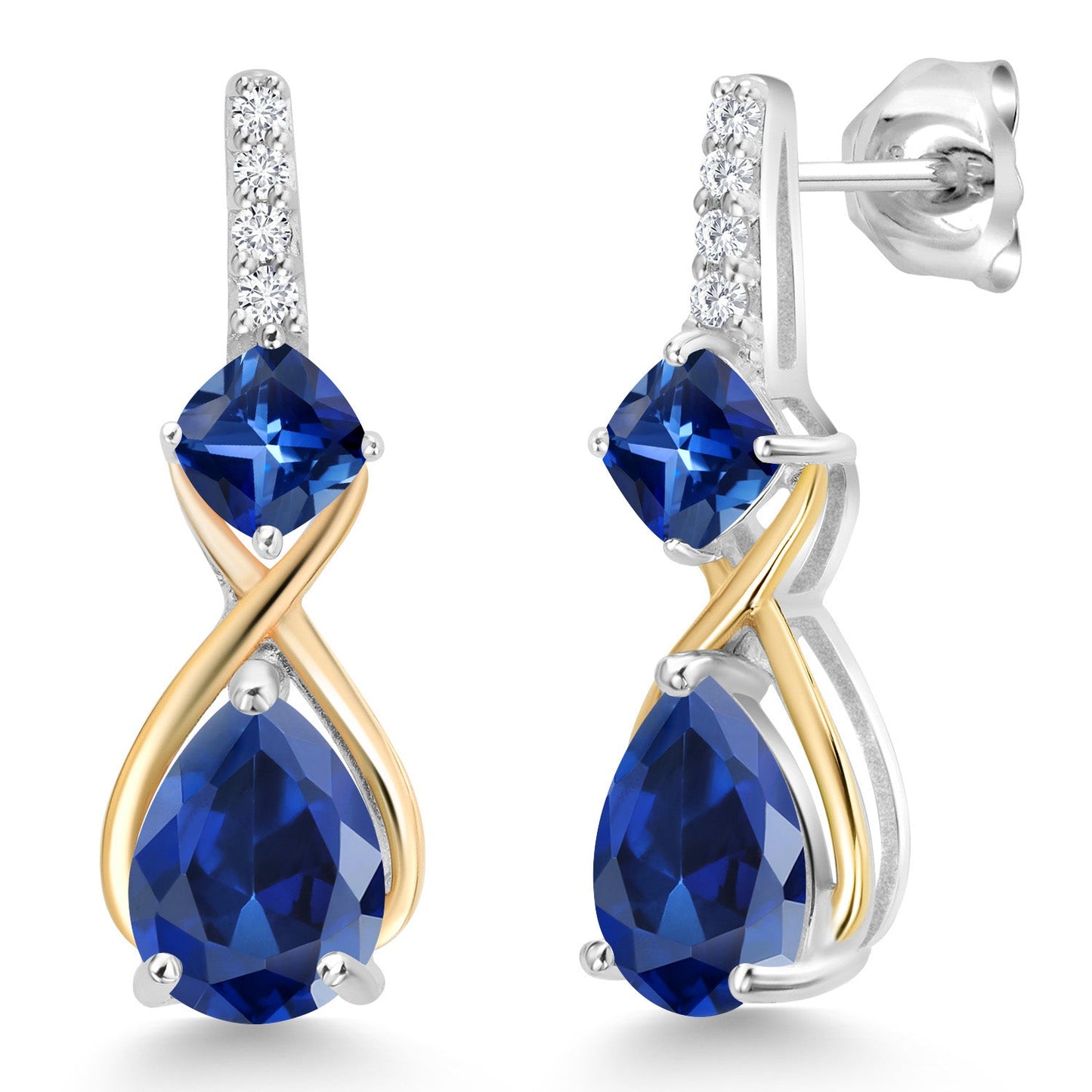 925 Silver and 10K Yellow Gold Gemstone Birthstone and Accent Lab Grown Diamond Dangle Earrings | Pear Shape and Cushion |Two-Tone Infinity Dangle Earrings For Women