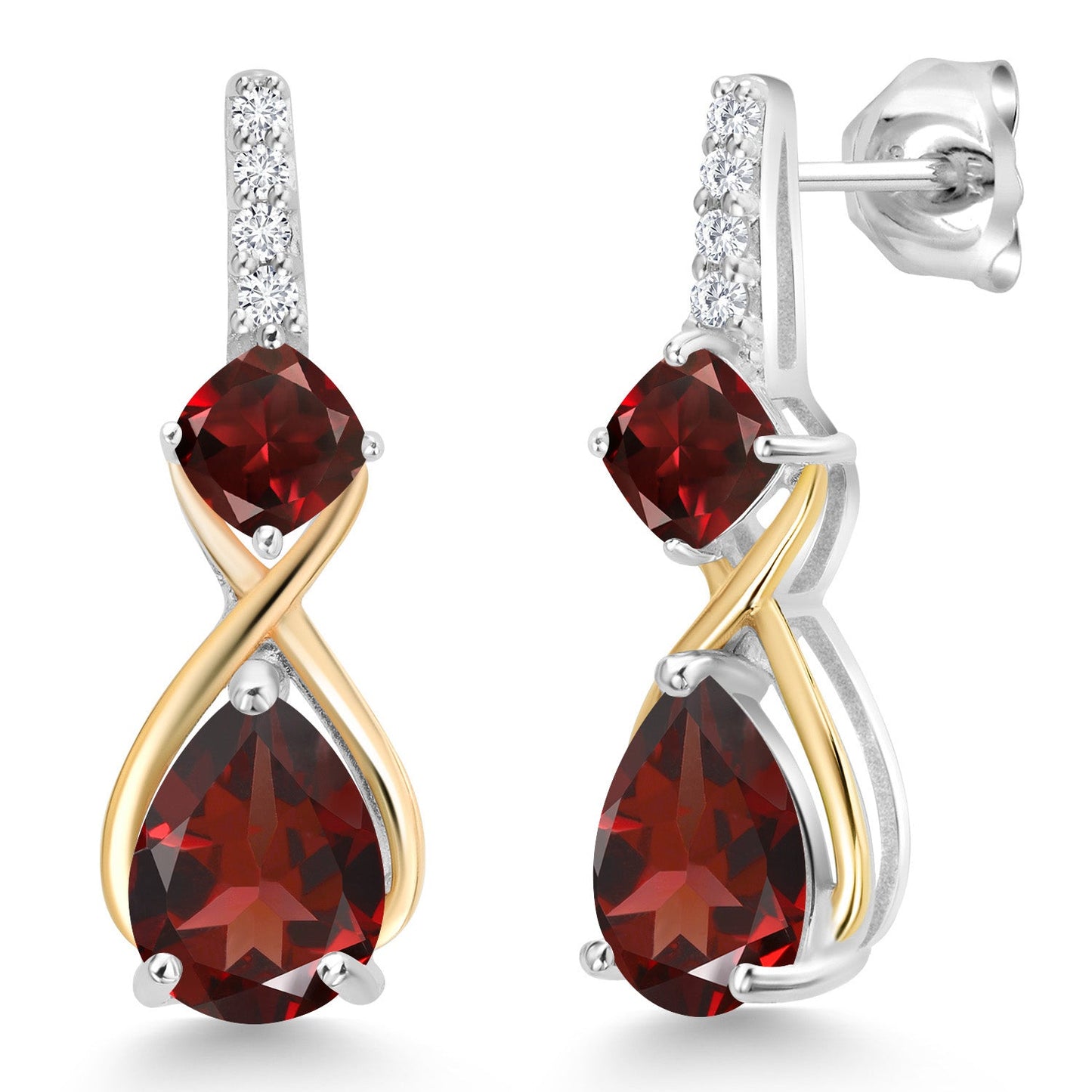 925 Silver and 10K Yellow Gold Gemstone Birthstone and Accent Lab Grown Diamond Dangle Earrings | Pear Shape and Cushion |Two-Tone Infinity Dangle Earrings For Women