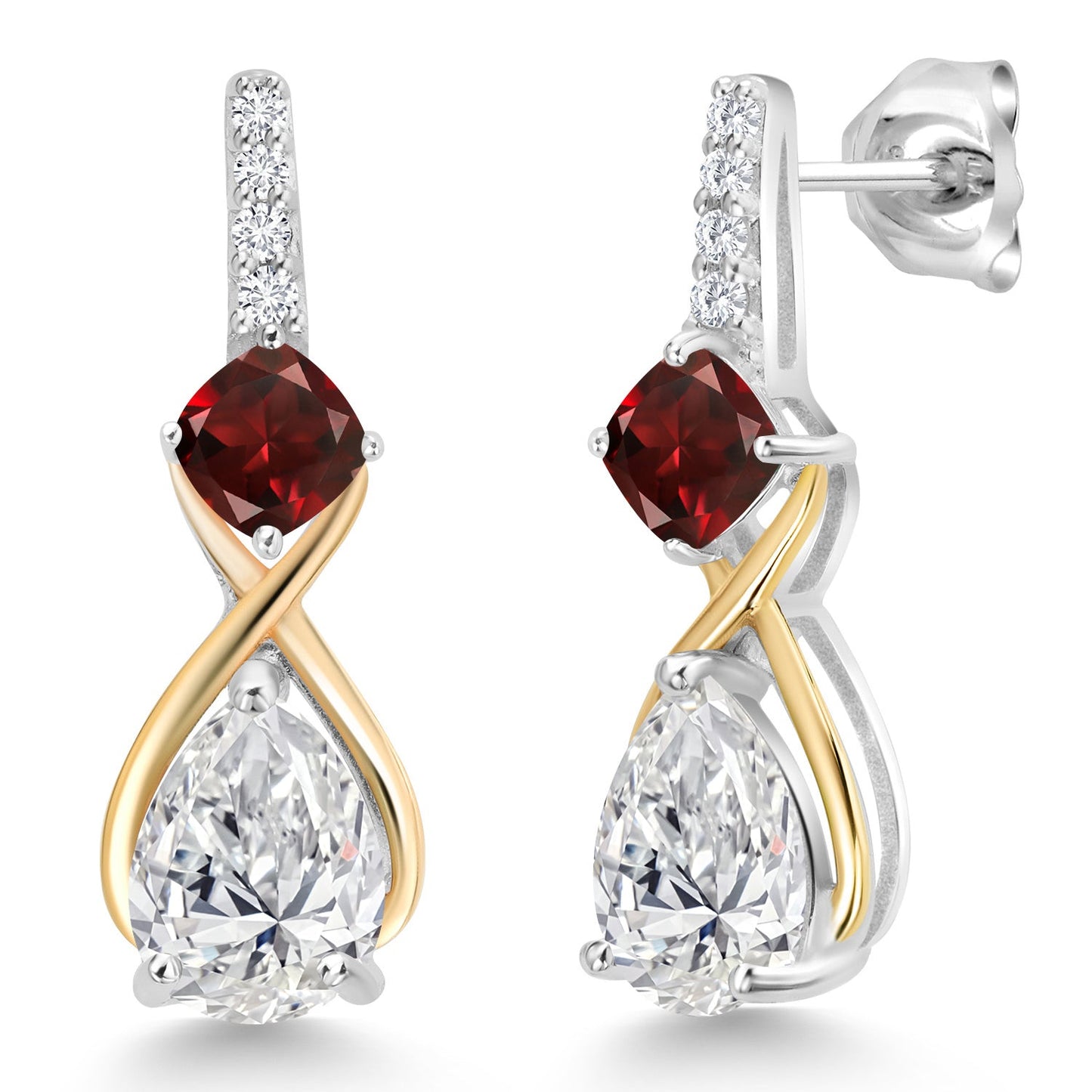 925 Silver and 10K Yellow Gold Gemstone Birthstone and Accent Lab Grown Diamond Dangle Earrings | Pear Shape and Cushion |Two-Tone Infinity Dangle Earrings For Women