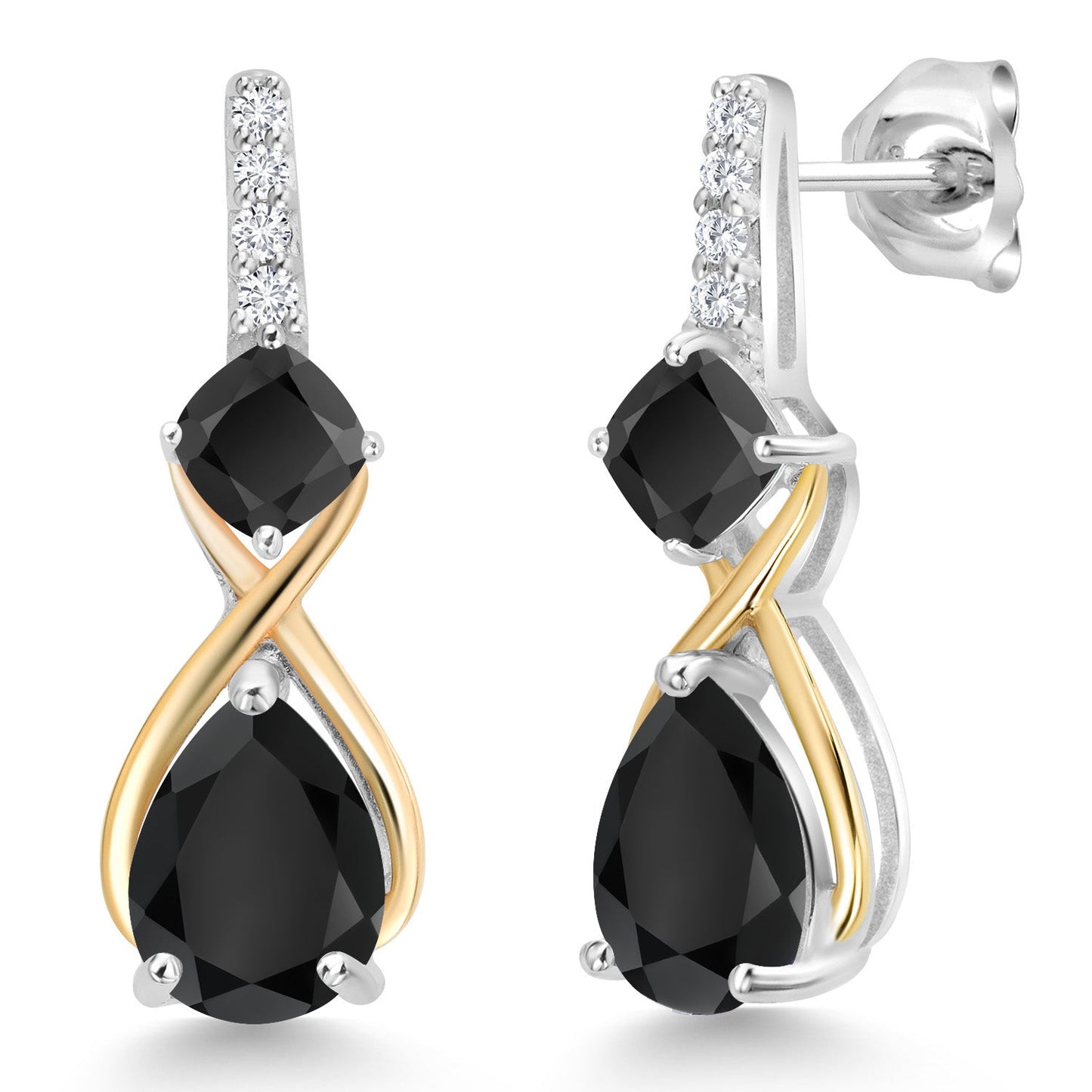 925 Silver and 10K Yellow Gold Gemstone Birthstone and Accent Lab Grown Diamond Dangle Earrings | Pear Shape and Cushion |Two-Tone Infinity Dangle Earrings For Women