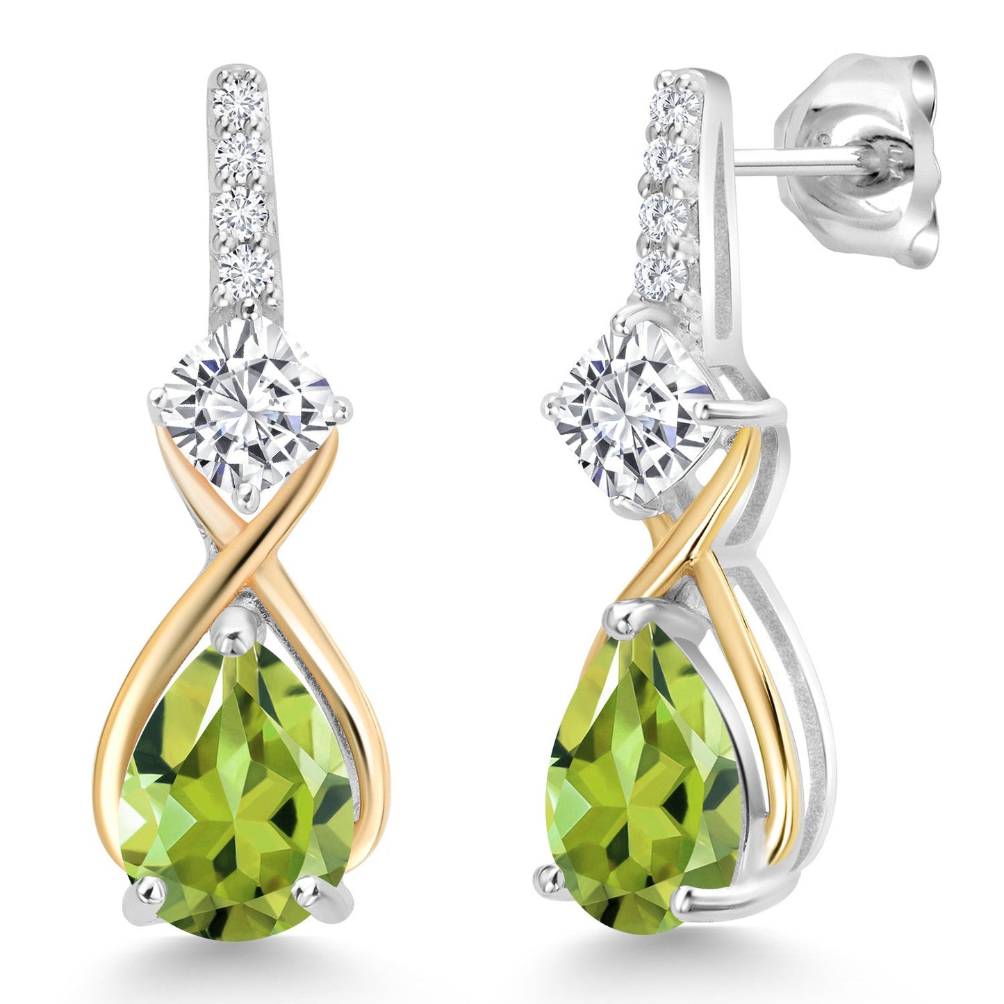 925 Silver and 10K Yellow Gold Gemstone Birthstone and Accent Lab Grown Diamond Dangle Earrings | Pear Shape and Cushion |Two-Tone Infinity Dangle Earrings For Women