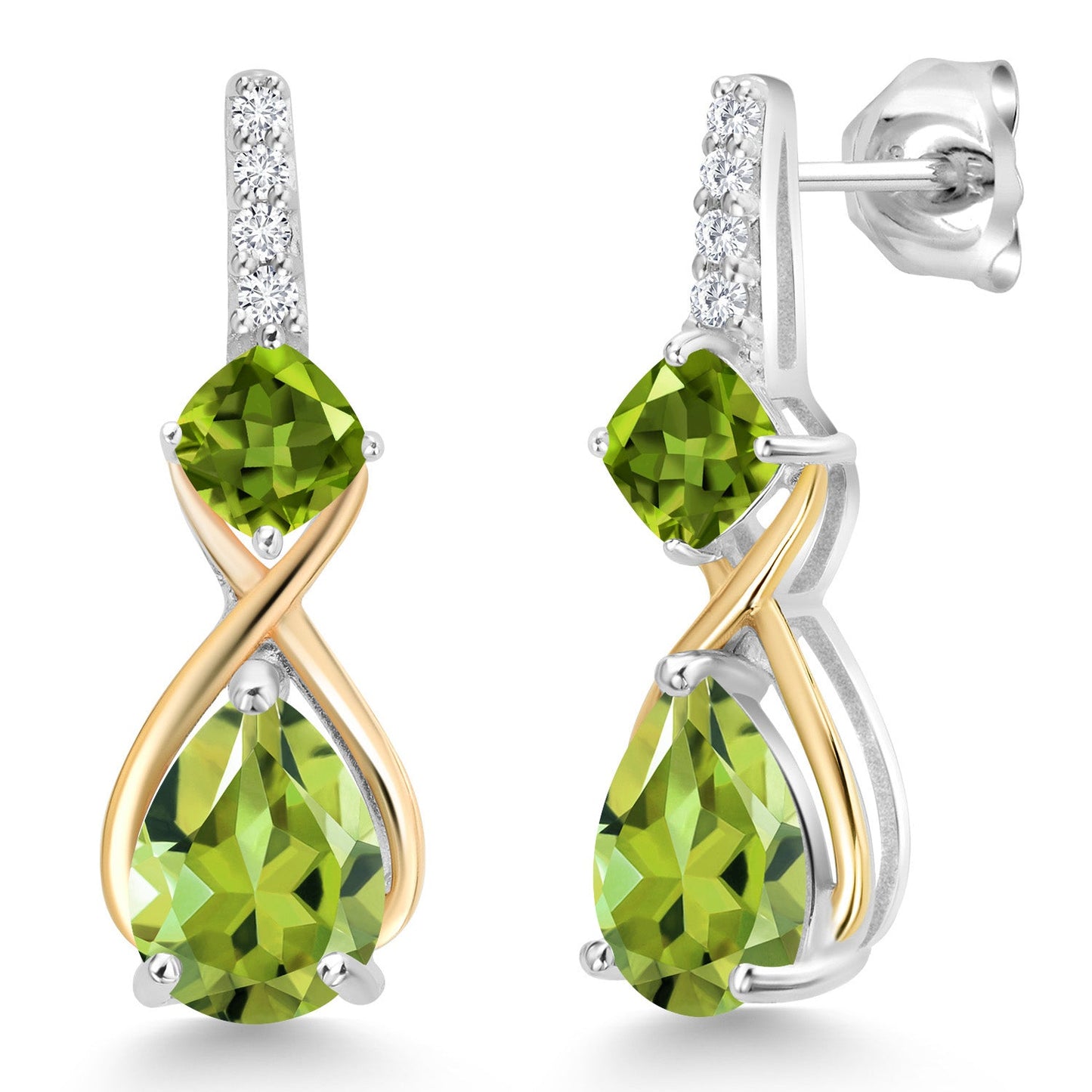 925 Silver and 10K Yellow Gold Gemstone Birthstone and Accent Lab Grown Diamond Dangle Earrings | Pear Shape and Cushion |Two-Tone Infinity Dangle Earrings For Women