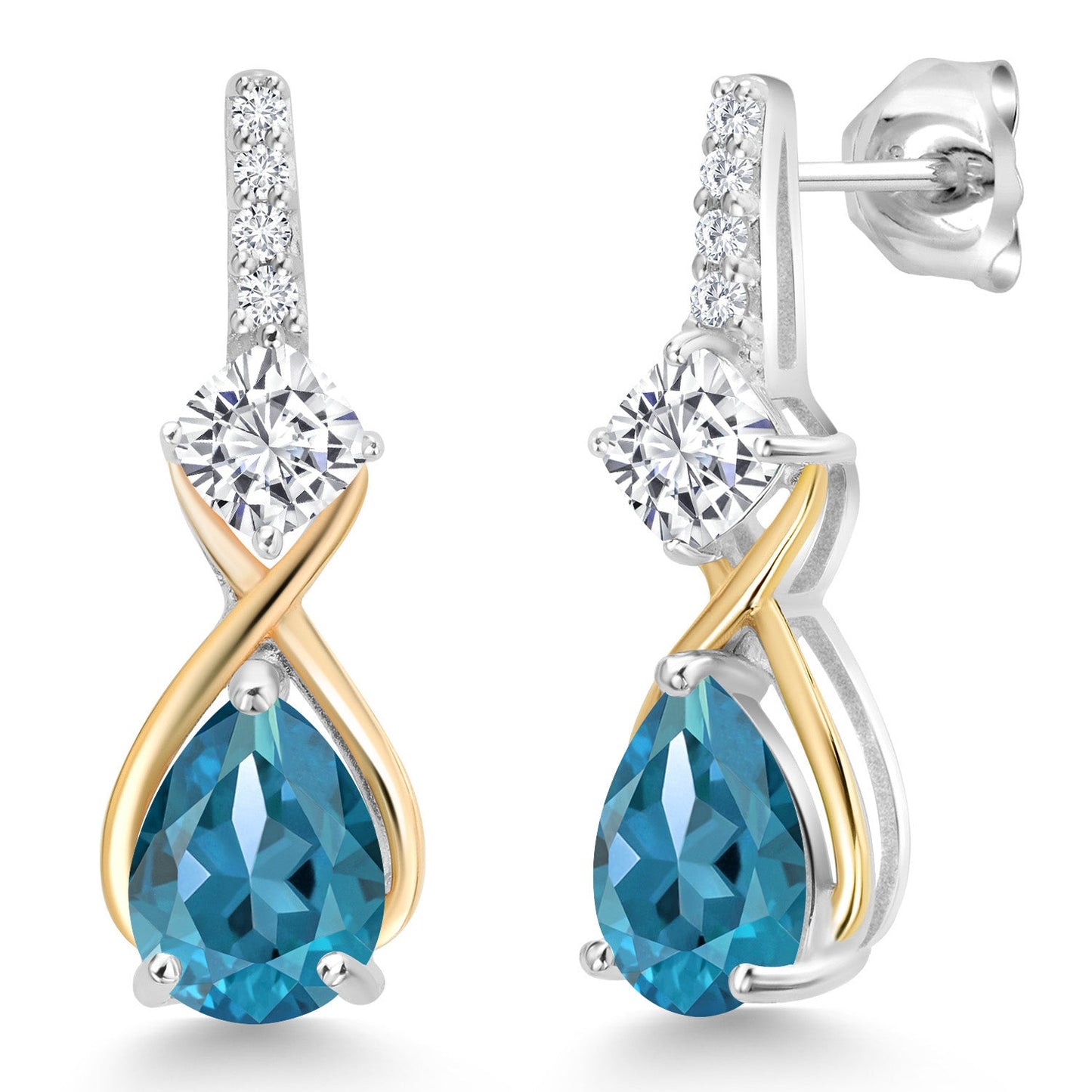 925 Silver and 10K Yellow Gold Gemstone Birthstone and Accent Lab Grown Diamond Dangle Earrings | Pear Shape and Cushion |Two-Tone Infinity Dangle Earrings For Women