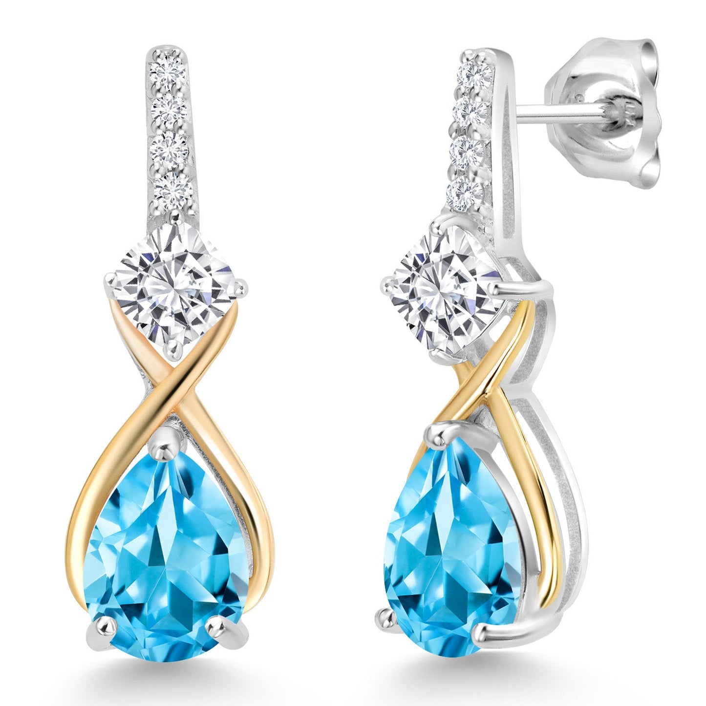 925 Silver and 10K Yellow Gold Gemstone Birthstone and Accent Lab Grown Diamond Dangle Earrings | Pear Shape and Cushion |Two-Tone Infinity Dangle Earrings For Women