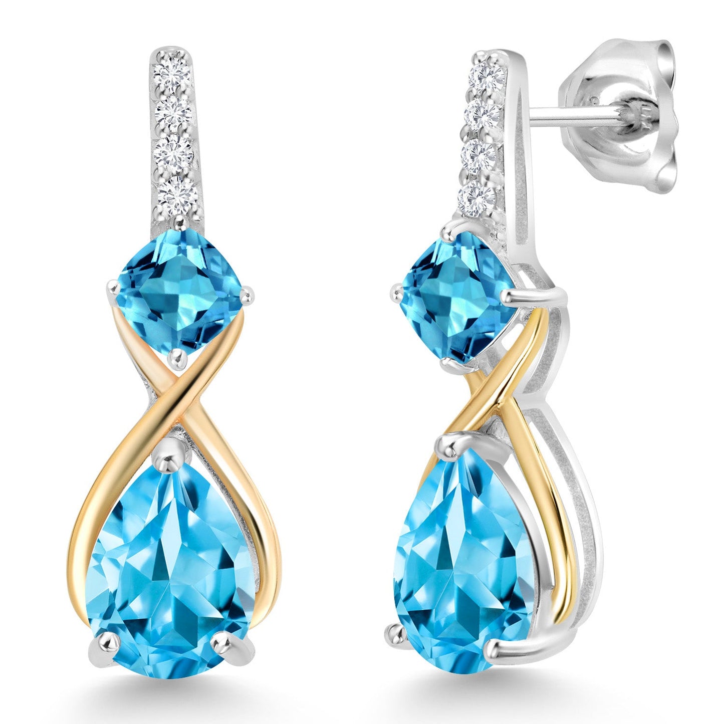 925 Silver and 10K Yellow Gold Gemstone Birthstone and Accent Lab Grown Diamond Dangle Earrings | Pear Shape and Cushion |Two-Tone Infinity Dangle Earrings For Women