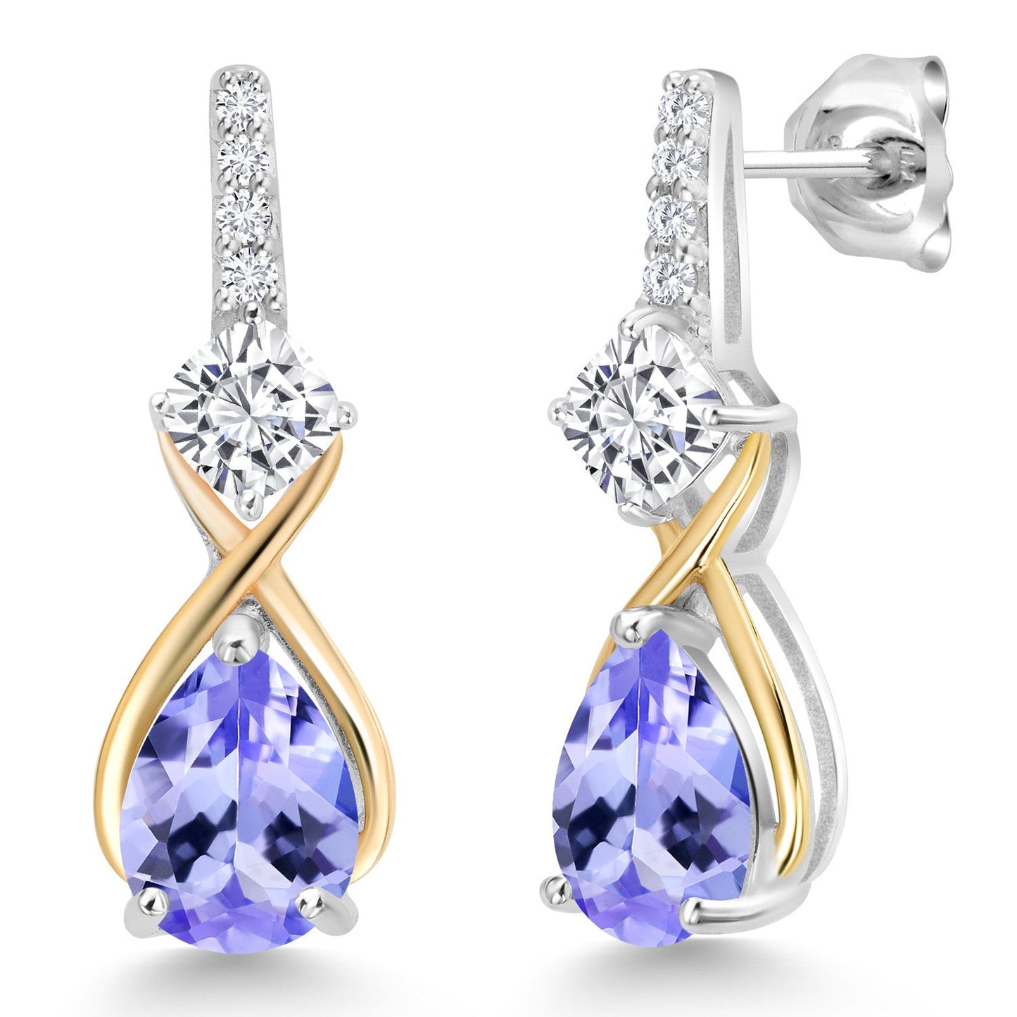 925 Silver and 10K Yellow Gold Gemstone Birthstone and Accent Lab Grown Diamond Dangle Earrings | Pear Shape and Cushion |Two-Tone Infinity Dangle Earrings For Women