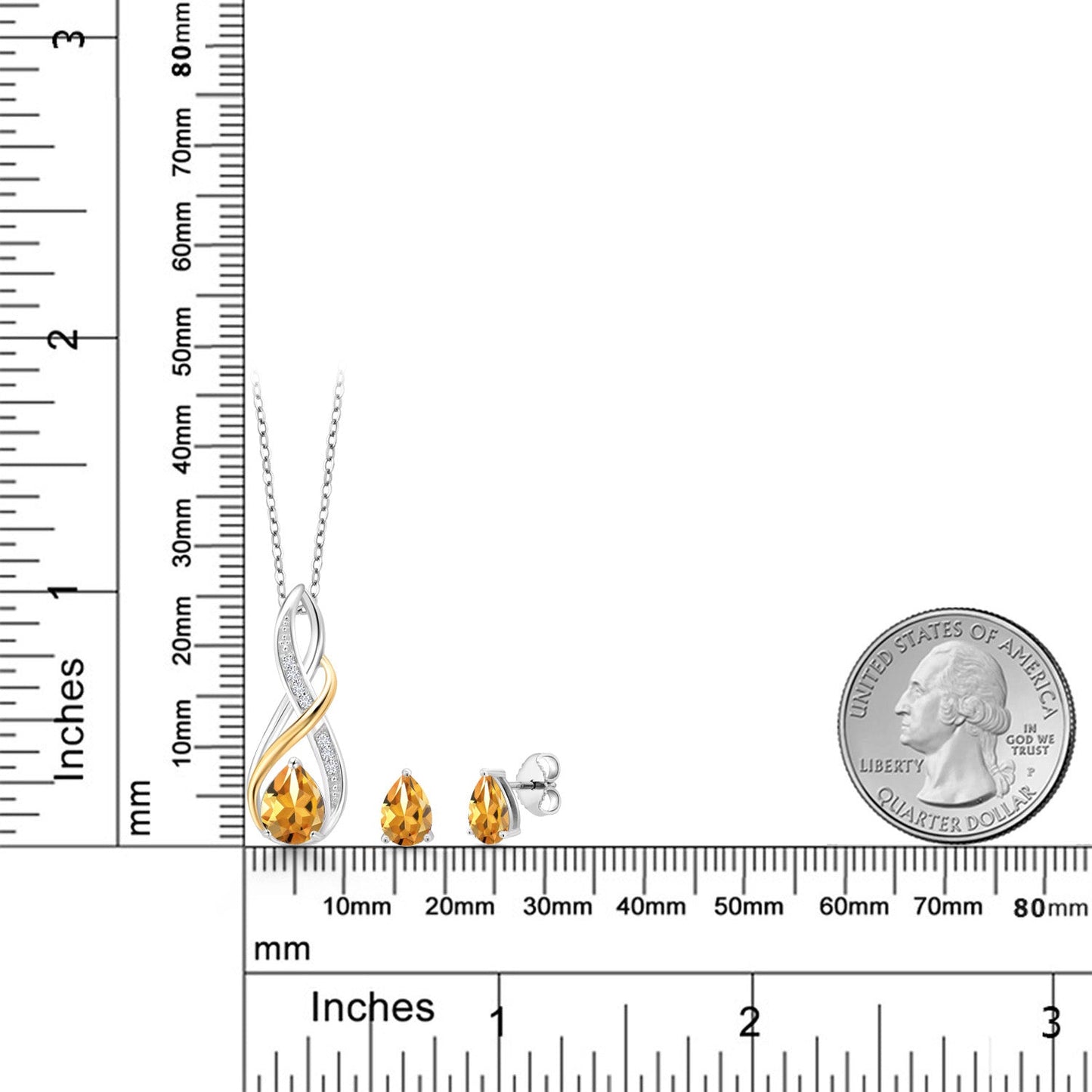 925 Sterling Silver and 10K Yellow Gold Pear Shape Yellow Citrine and White Lab Grown Diamond Pendant and Earrings Jewelry Set For Women (2.83 Cttw, Gemstone November Birthstone, with 18 Inch Chain)