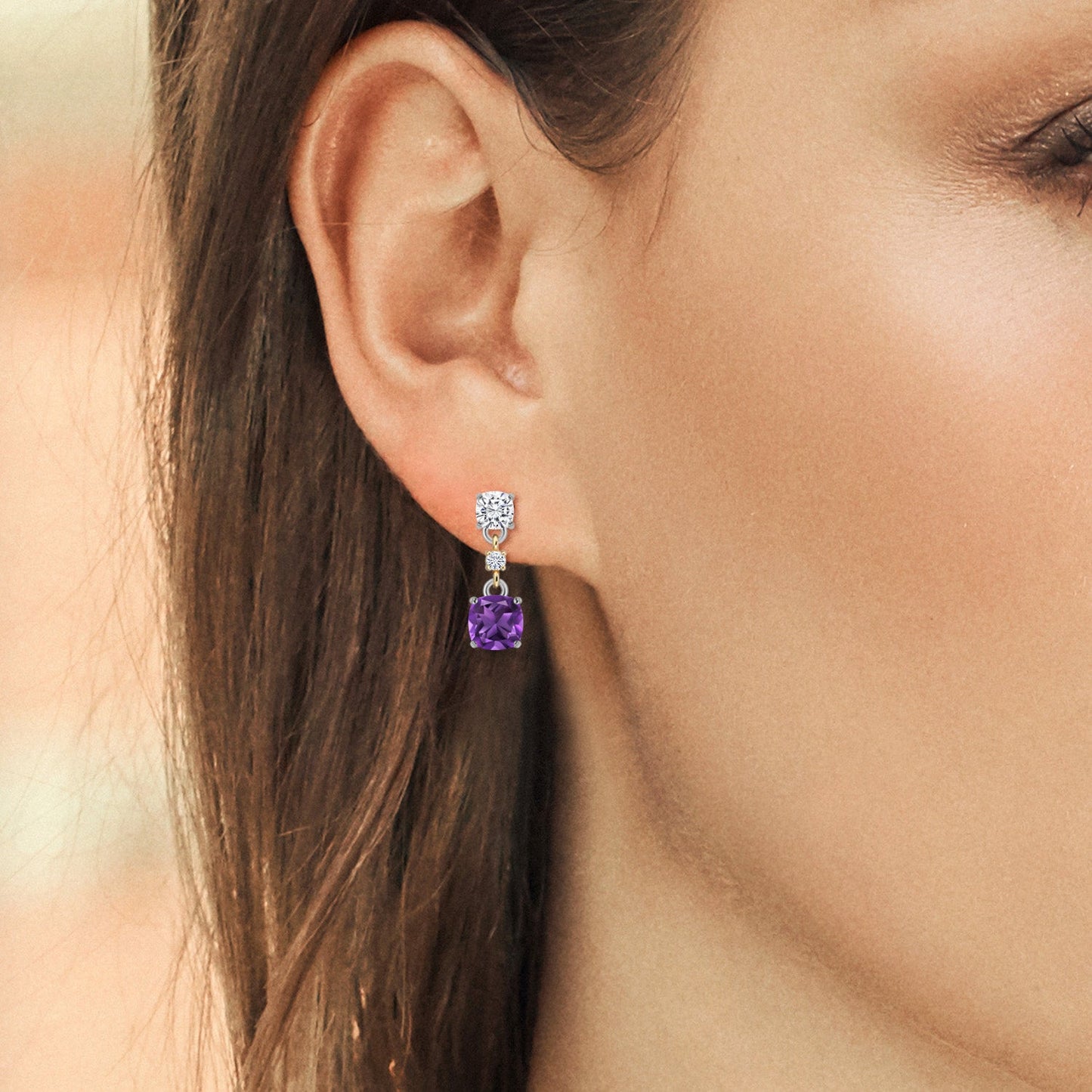 Dangle Earrings For Women | 925 Sterling Silver and 10K Yellow Gold | Cushion 4MM and 3MM Gemstone Birthstone and White Moissanite | Fine Jewelry Gifts for Her Mom Women Wife