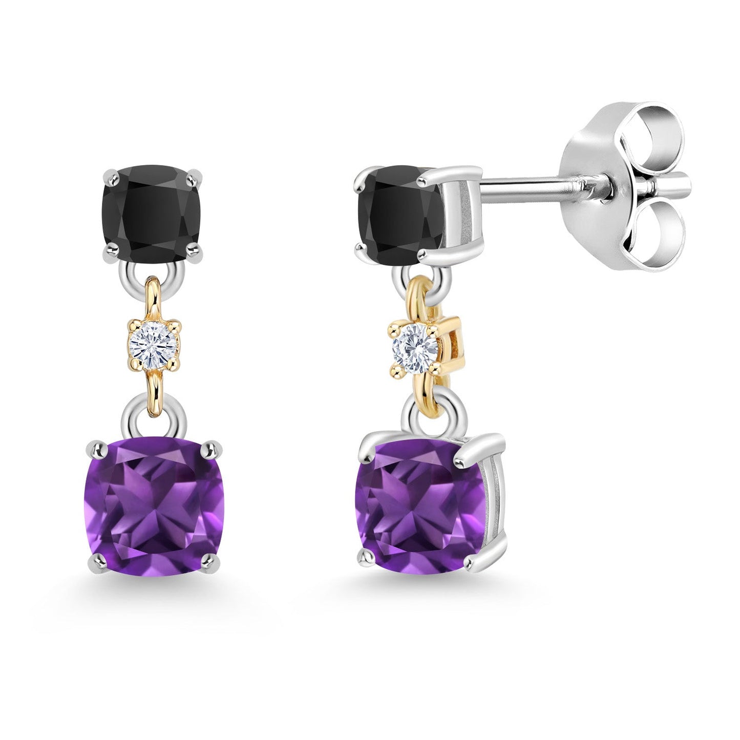 Dangle Earrings For Women | 925 Sterling Silver and 10K Yellow Gold | Cushion 4MM and 3MM Gemstone Birthstone and White Moissanite | Fine Jewelry Gifts for Her Mom Women Wife