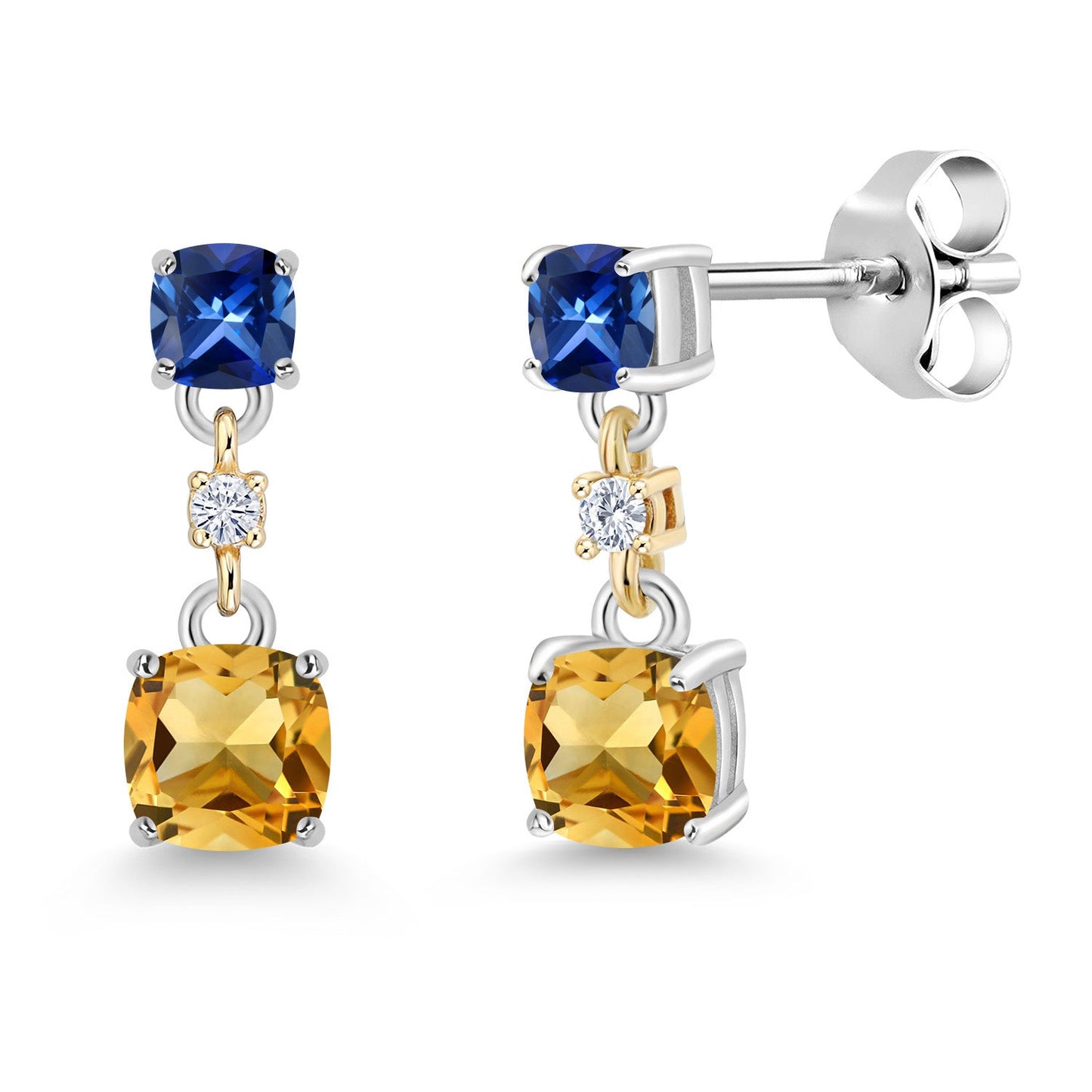 Dangle Earrings For Women | 925 Sterling Silver and 10K Yellow Gold | Cushion 4MM and 3MM Gemstone Birthstone and White Moissanite | Fine Jewelry Gifts for Her Mom Women Wife