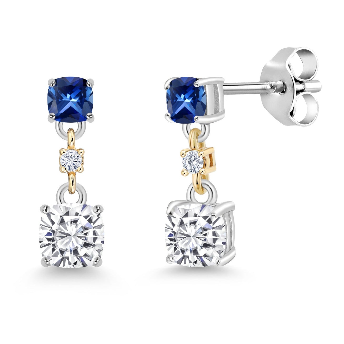 Dangle Earrings For Women | 925 Sterling Silver and 10K Yellow Gold | Cushion 4MM and 3MM Gemstone Birthstone and White Moissanite | Fine Jewelry Gifts for Her Mom Women Wife