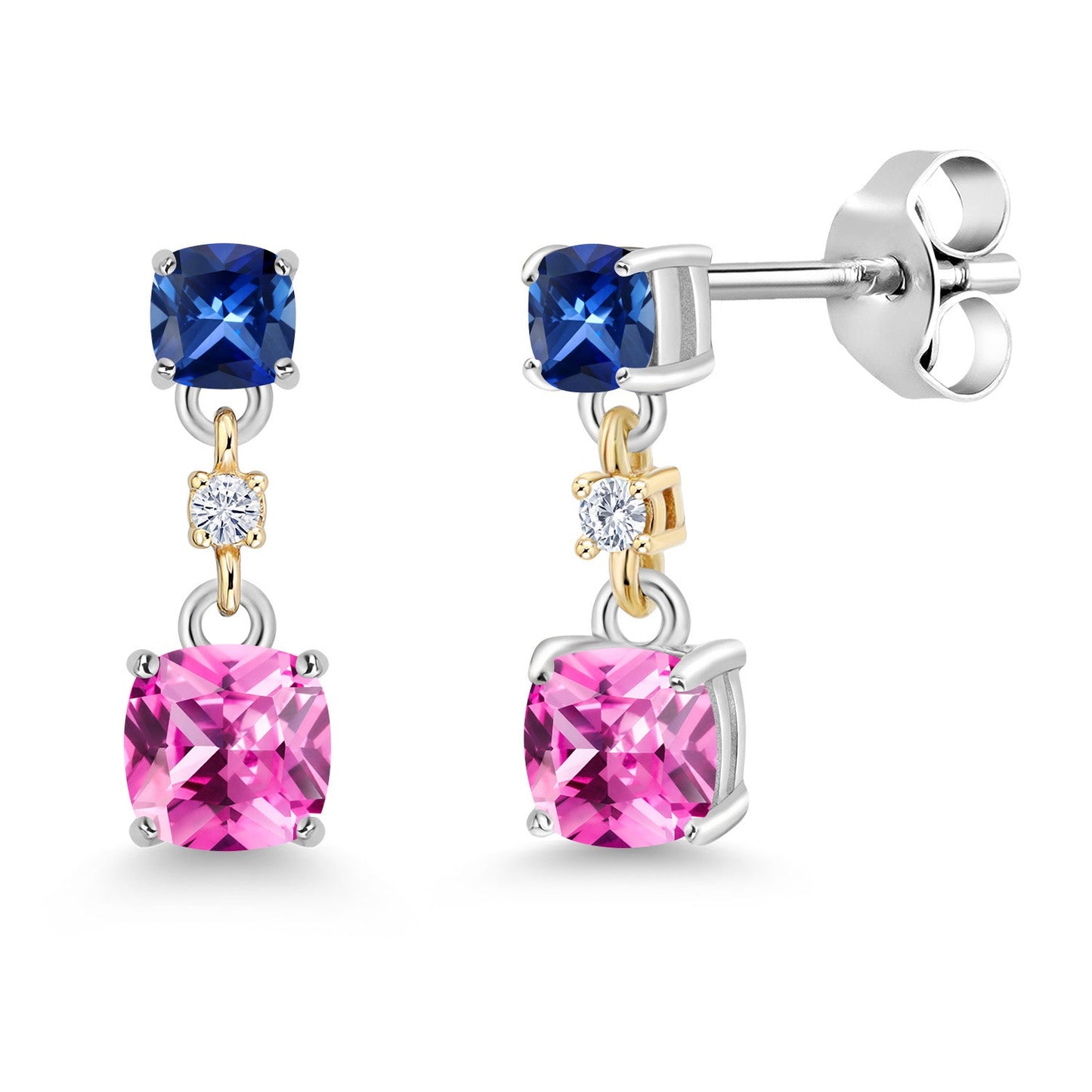 Dangle Earrings For Women | 925 Sterling Silver and 10K Yellow Gold | Cushion 4MM and 3MM Gemstone Birthstone and White Moissanite | Fine Jewelry Gifts for Her Mom Women Wife