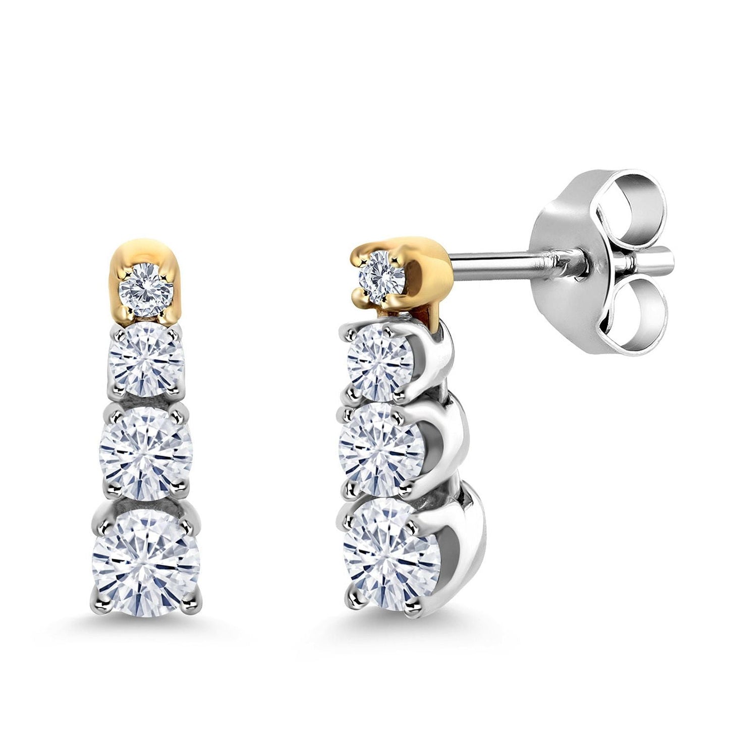 925 Sterling Silver and 10K Yellow Gold White Moissanite Dangle Earrings For Women (0.41 Cttw, Round 3MM, 2.5MM and 2MM)