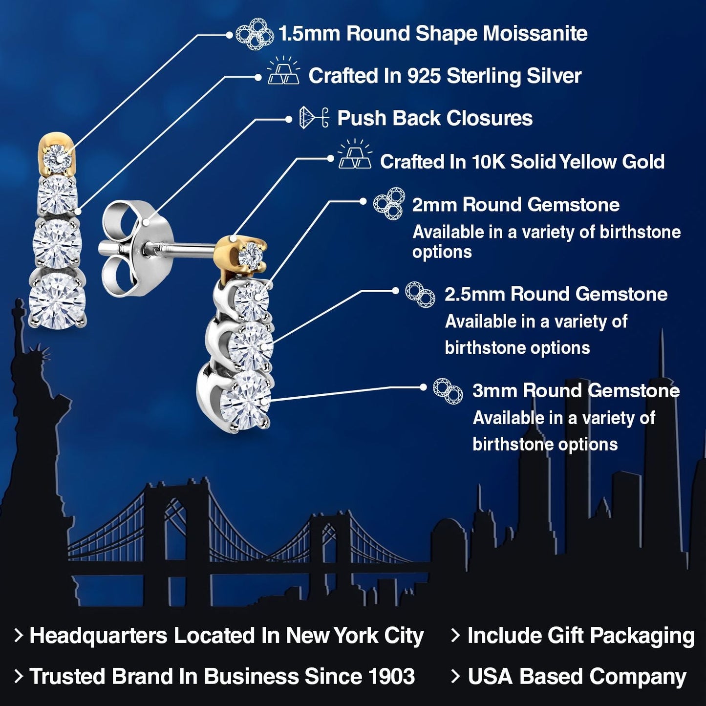 925 Sterling Silver and 10K Yellow Gold White Moissanite Dangle Earrings For Women (0.41 Cttw, Round 3MM, 2.5MM and 2MM)