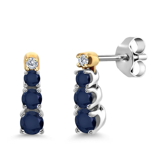 925 Sterling Silver and 10K Yellow Gold Blue Sapphire and Created Moissanite Earrings For Women (0.51 Cttw, Round 3MM, 2.5MM and 2MM)