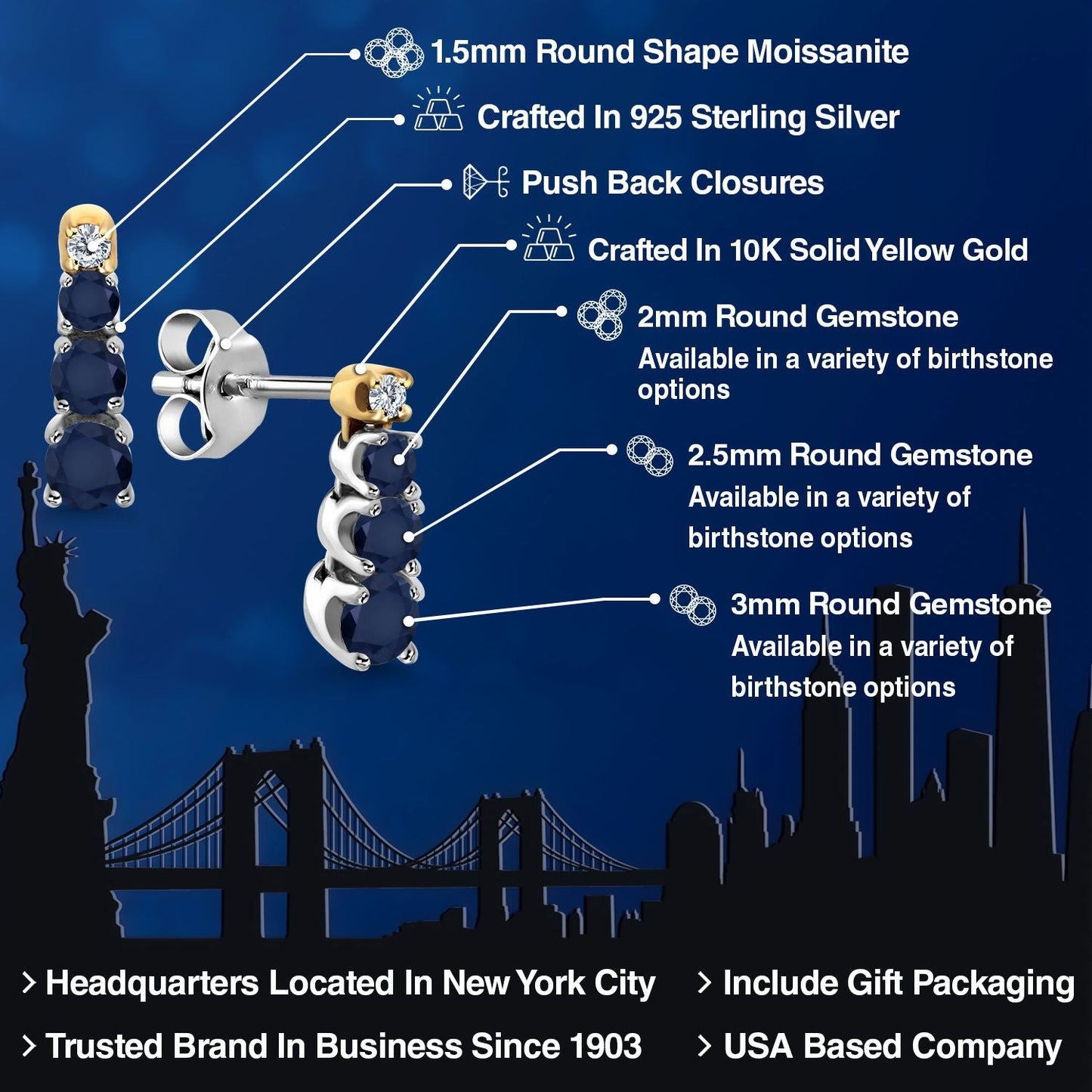 925 Sterling Silver and 10K Yellow Gold Blue Sapphire and Created Moissanite Earrings For Women (0.51 Cttw, Round 3MM, 2.5MM and 2MM)