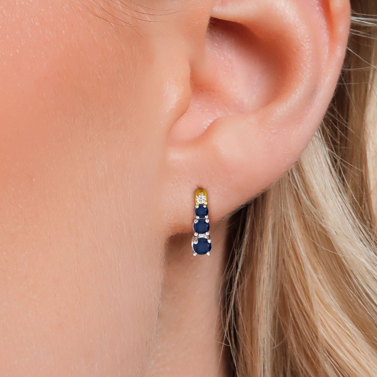 925 Sterling Silver and 10K Yellow Gold Blue Sapphire and Created Moissanite Earrings For Women (0.51 Cttw, Round 3MM, 2.5MM and 2MM)