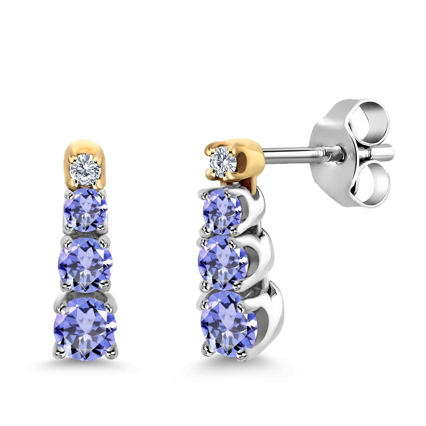 925 Sterling Silver and 10K Yellow Gold Blue Tanzanite and Created Moissanite Earrings For Women (0.54 Cttw, Gemstone Birthstone, Round 3MM, 2.5MM and 2MM)