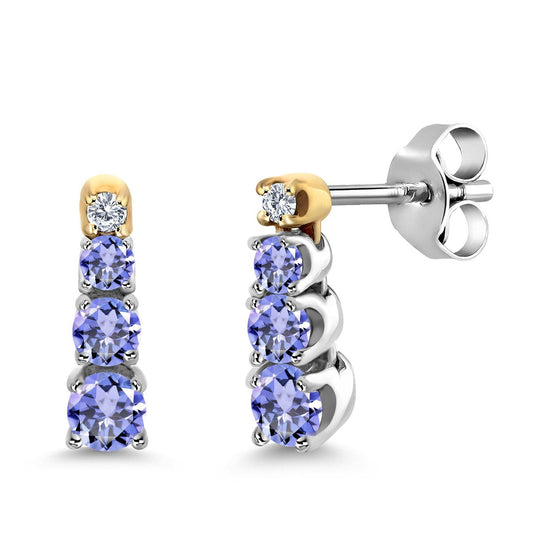 925 Sterling Silver and 10K Yellow Gold Blue Tanzanite and Created Moissanite Earrings For Women (0.54 Cttw, Gemstone Birthstone, Round 3MM, 2.5MM and 2MM)