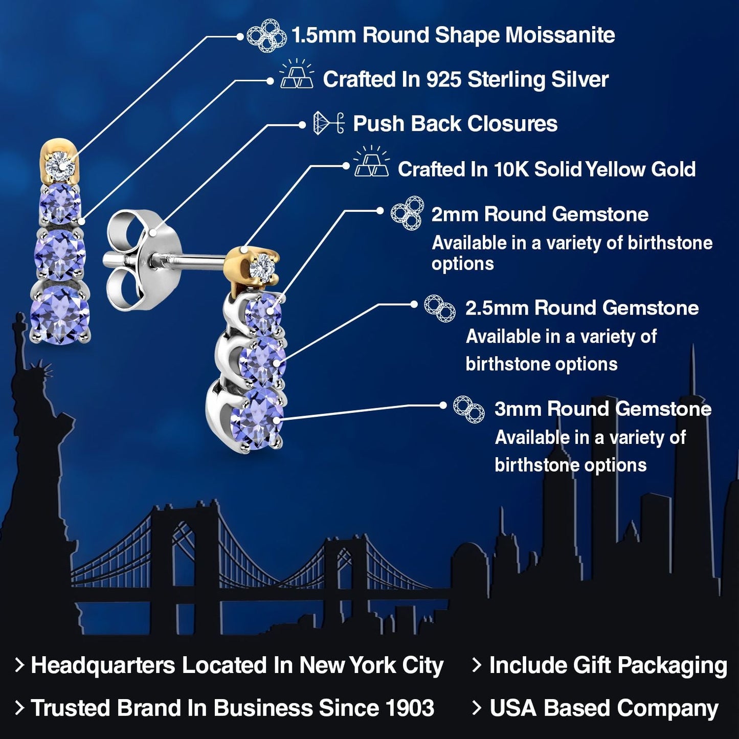 925 Sterling Silver and 10K Yellow Gold Blue Tanzanite and Created Moissanite Earrings For Women (0.54 Cttw, Gemstone Birthstone, Round 3MM, 2.5MM and 2MM)