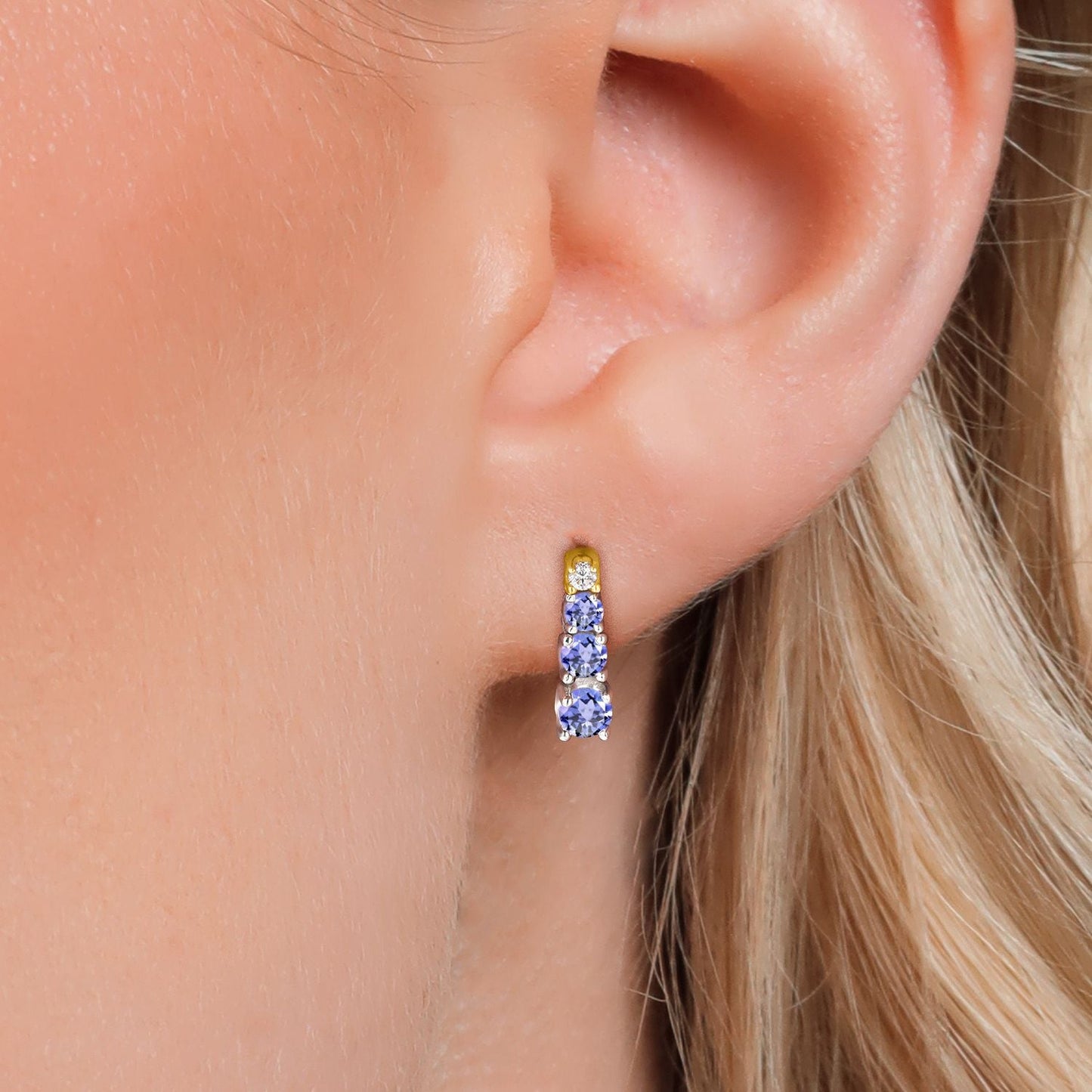 925 Sterling Silver and 10K Yellow Gold Blue Tanzanite and Created Moissanite Earrings For Women (0.54 Cttw, Gemstone Birthstone, Round 3MM, 2.5MM and 2MM)