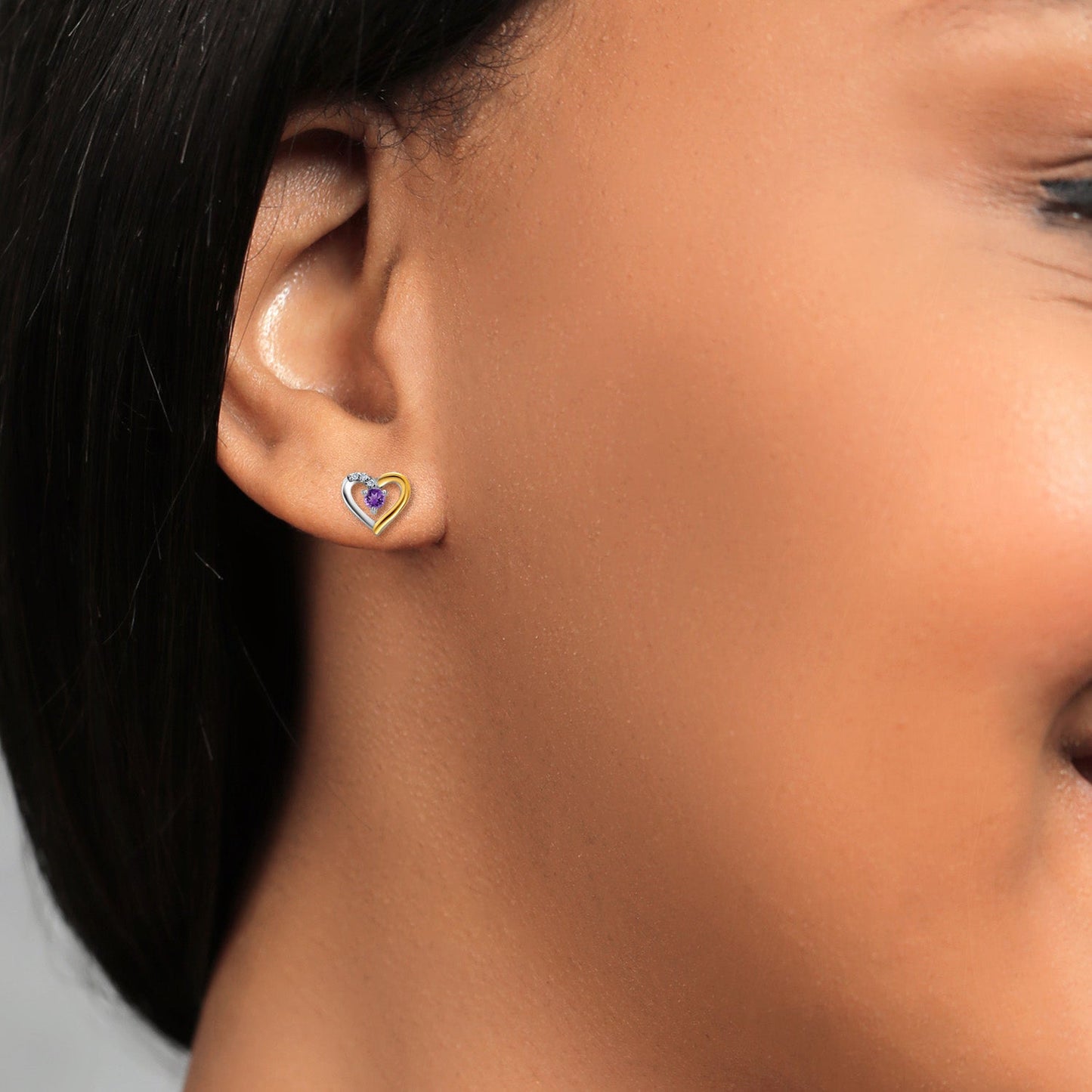 Heart Shape Earrings For Women with Round Gemstone Birthstone and White Lab Grown Diamond In 925 Sterling Silver and 10K Yellow Gold