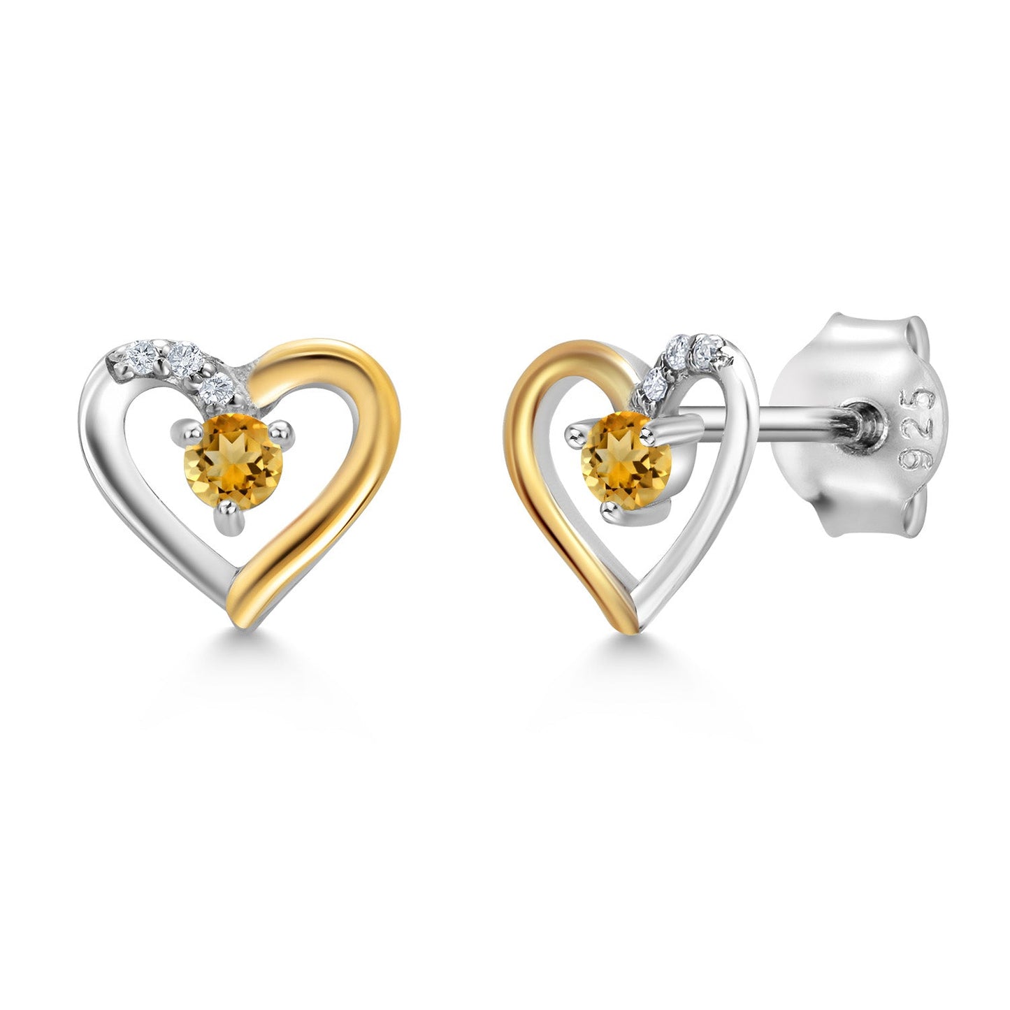 Heart Shape Earrings For Women with Round Gemstone Birthstone and White Lab Grown Diamond In 925 Sterling Silver and 10K Yellow Gold