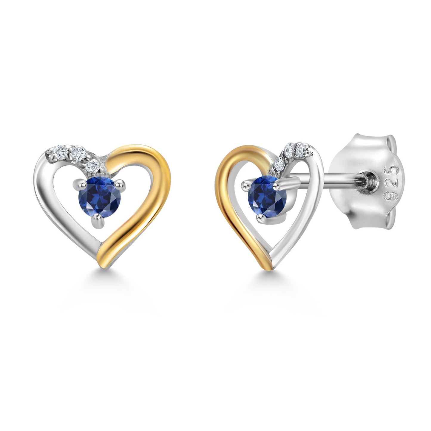 Heart Shape Earrings For Women with Round Gemstone Birthstone and White Lab Grown Diamond In 925 Sterling Silver and 10K Yellow Gold