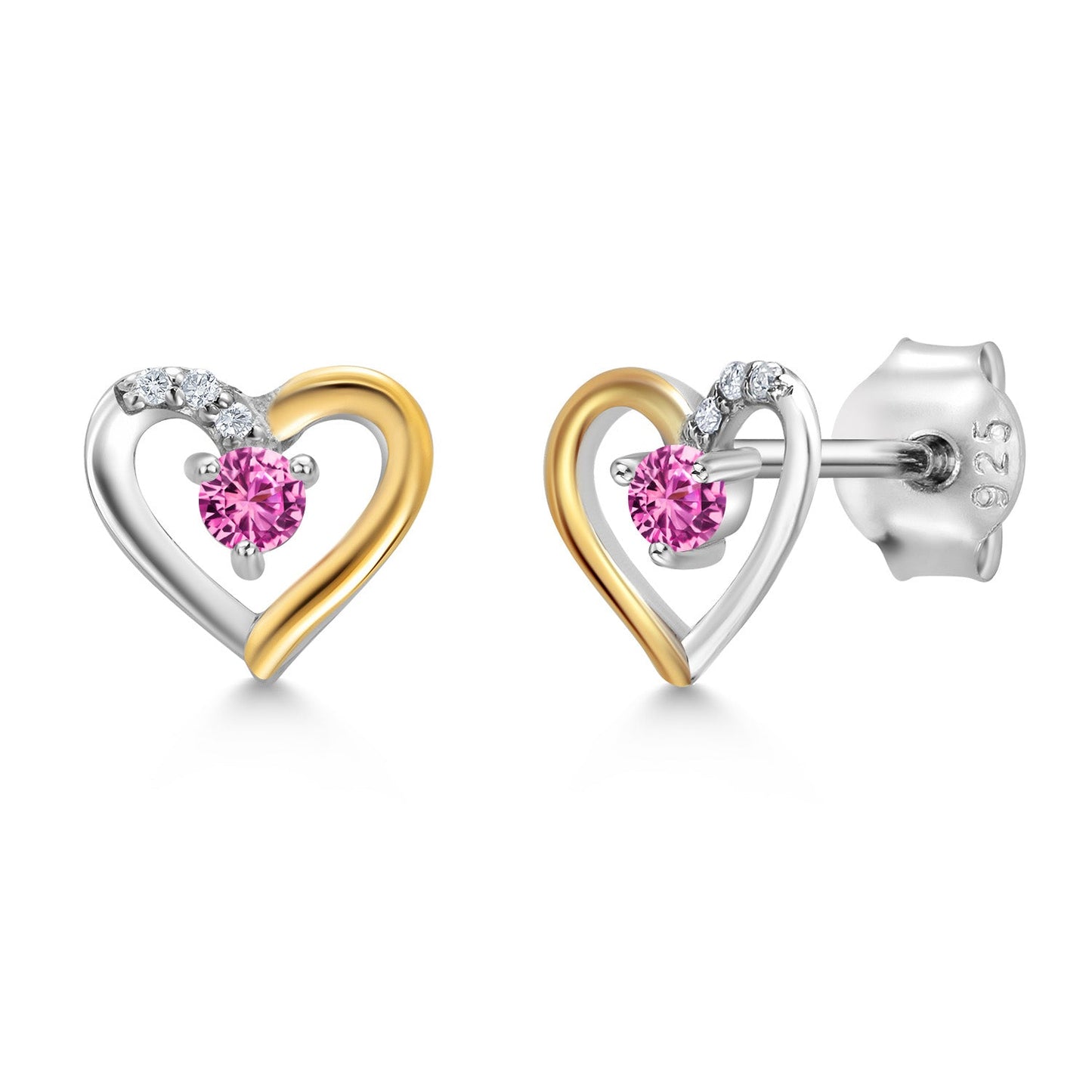 Heart Shape Earrings For Women with Round Gemstone Birthstone and White Lab Grown Diamond In 925 Sterling Silver and 10K Yellow Gold