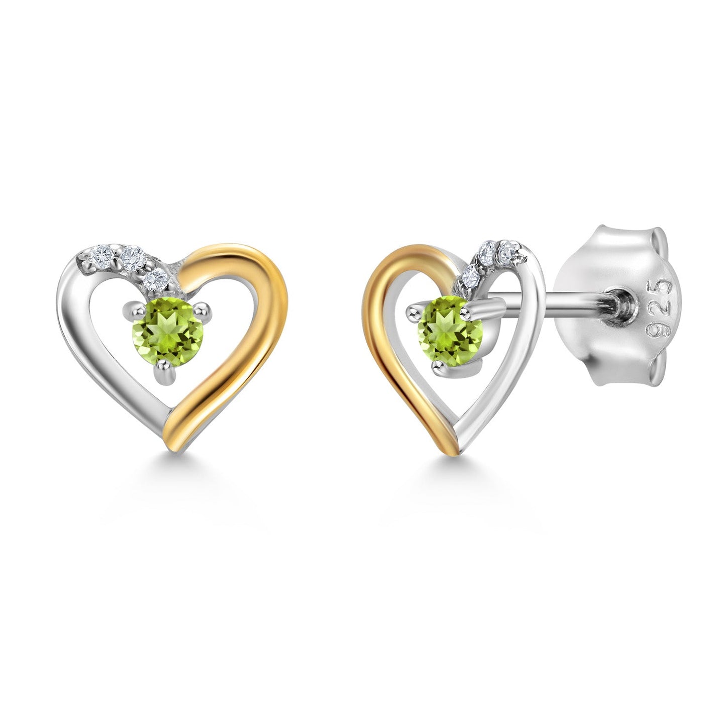 Heart Shape Earrings For Women with Round Gemstone Birthstone and White Lab Grown Diamond In 925 Sterling Silver and 10K Yellow Gold