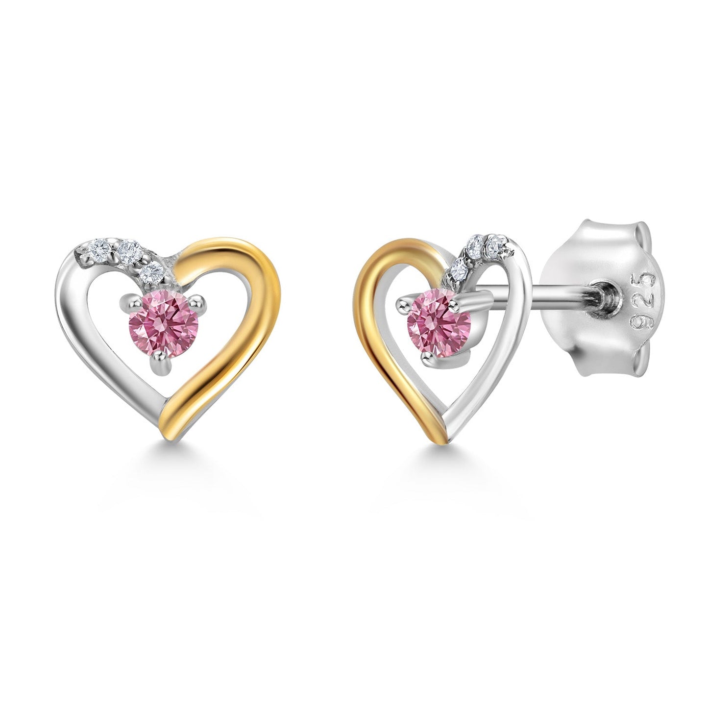 Heart Shape Earrings For Women with Round Gemstone Birthstone and White Lab Grown Diamond In 925 Sterling Silver and 10K Yellow Gold