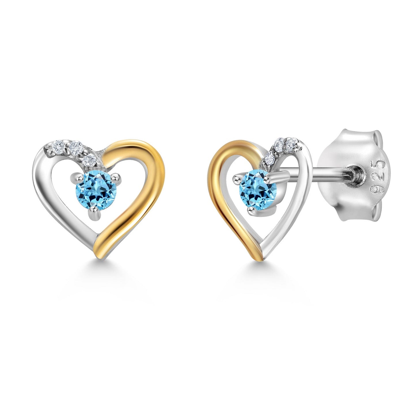 Heart Shape Earrings For Women with Round Gemstone Birthstone and White Lab Grown Diamond In 925 Sterling Silver and 10K Yellow Gold