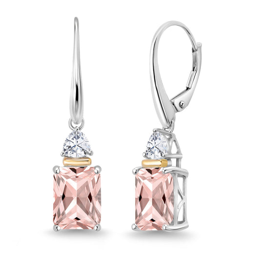 925 Sterling Silver and 10K Yellow Gold Peach Nano Morganite and White Moissanite Dangle Earrings For Women (4.46 Cttw, Octagon Cut 9X7MM, Trillion 4MM)