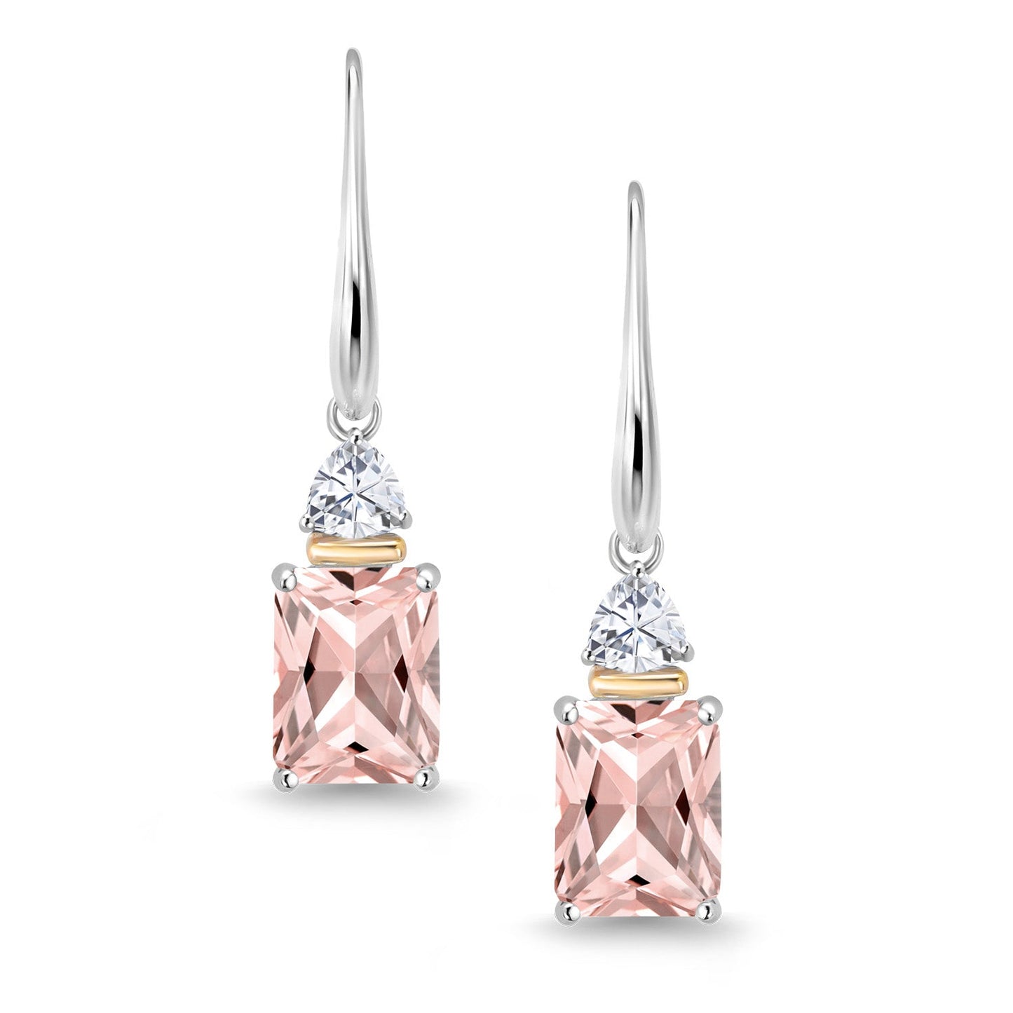 925 Sterling Silver and 10K Yellow Gold Peach Nano Morganite and White Moissanite Dangle Earrings For Women (4.46 Cttw, Octagon Cut 9X7MM, Trillion 4MM)