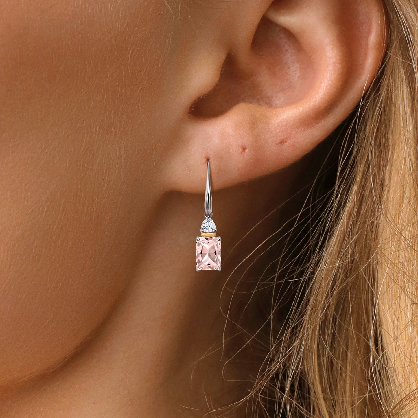 925 Sterling Silver and 10K Yellow Gold Peach Nano Morganite and White Moissanite Dangle Earrings For Women (4.46 Cttw, Octagon Cut 9X7MM, Trillion 4MM)