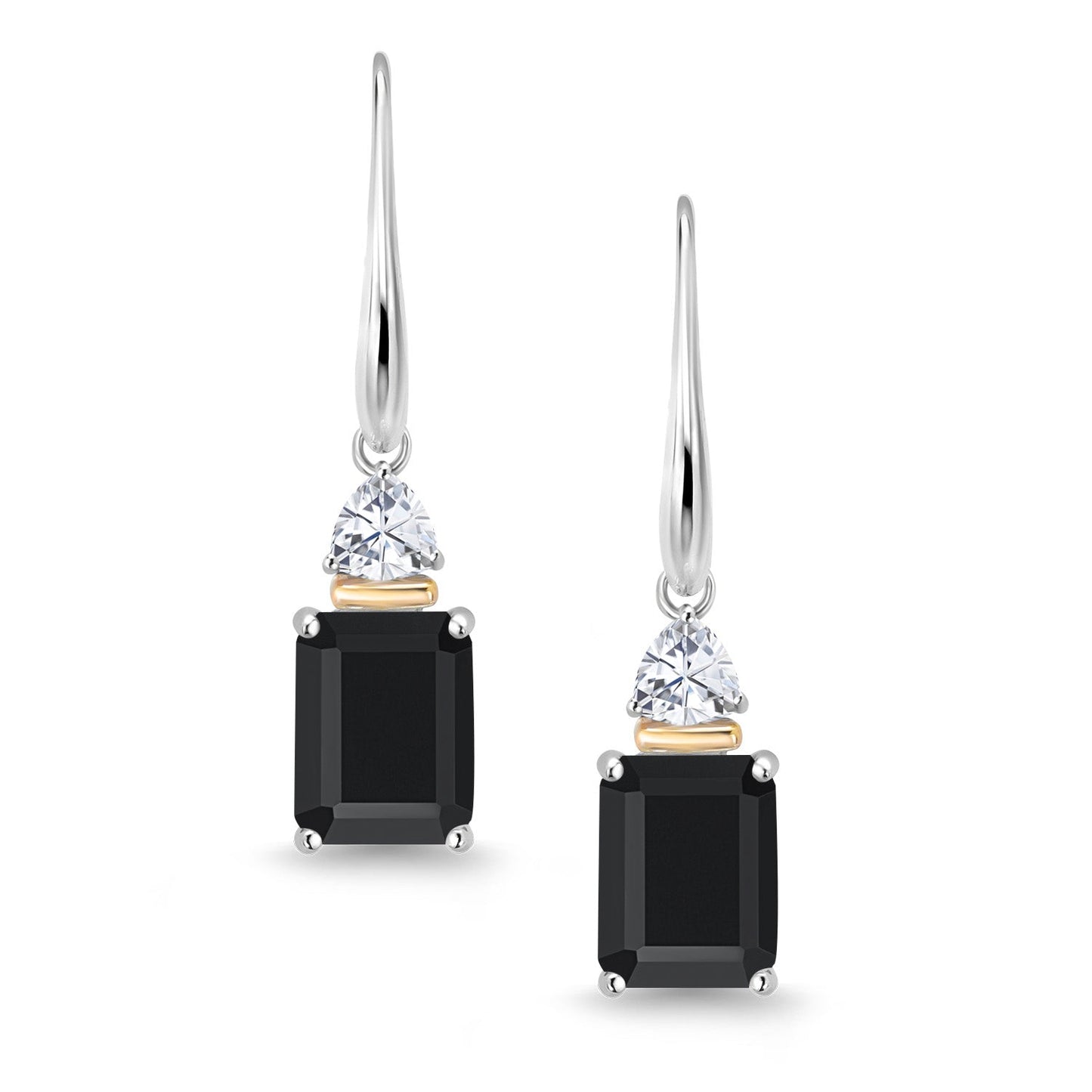 925 Sterling Silver and 10K Yellow Gold Black Onyx and White Moissanite Dangle Earrings For Women (4.66 Cttw, Gemstone Birthstone, Octagon Cut 9X7MM, Trillion 4MM)