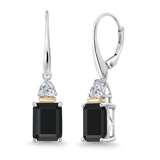 925 Silver and 10K Yellow Gold Black Onyx and Lab Grown Diamond Dangle Earrings for Women | 4.64 Cttw | Gemstone December Birthstone | Octagon 9X7MM