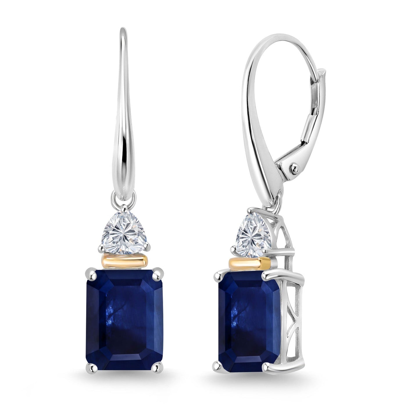 925 Silver and 10K Yellow Gold Blue Sapphire and Lab Grown Diamond Dangle Earrings for Women | 5.34 Cttw | Gemstone September Birthstone | Octagon 9X7MM