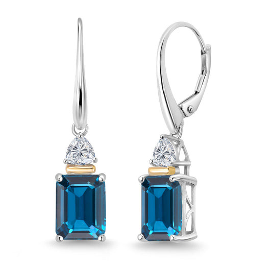 925 Silver and 10K Yellow Gold London Blue Topaz and Lab Grown Diamond Dangle Earrings for Women | 5.86 Cttw | Gemstone November Birthstone | Emerald Cut 9X7MM