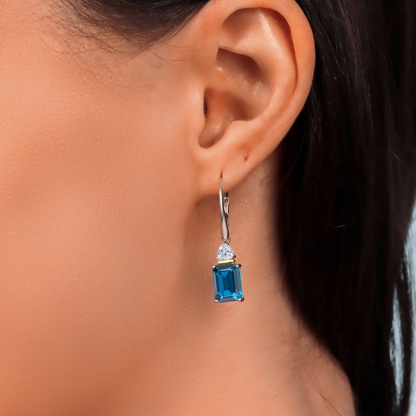 925 Silver and 10K Yellow Gold London Blue Topaz and Lab Grown Diamond Dangle Earrings for Women | 5.86 Cttw | Gemstone November Birthstone | Emerald Cut 9X7MM