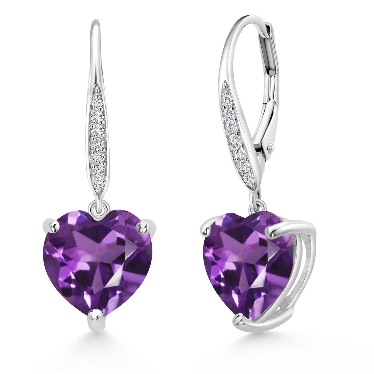 925 Sterling Silver 10MM Heart Shape Gemstone Birthstone and White Lab Grown Diamond Leverback Dangle Drop Earrings | Gold Earrings For Women