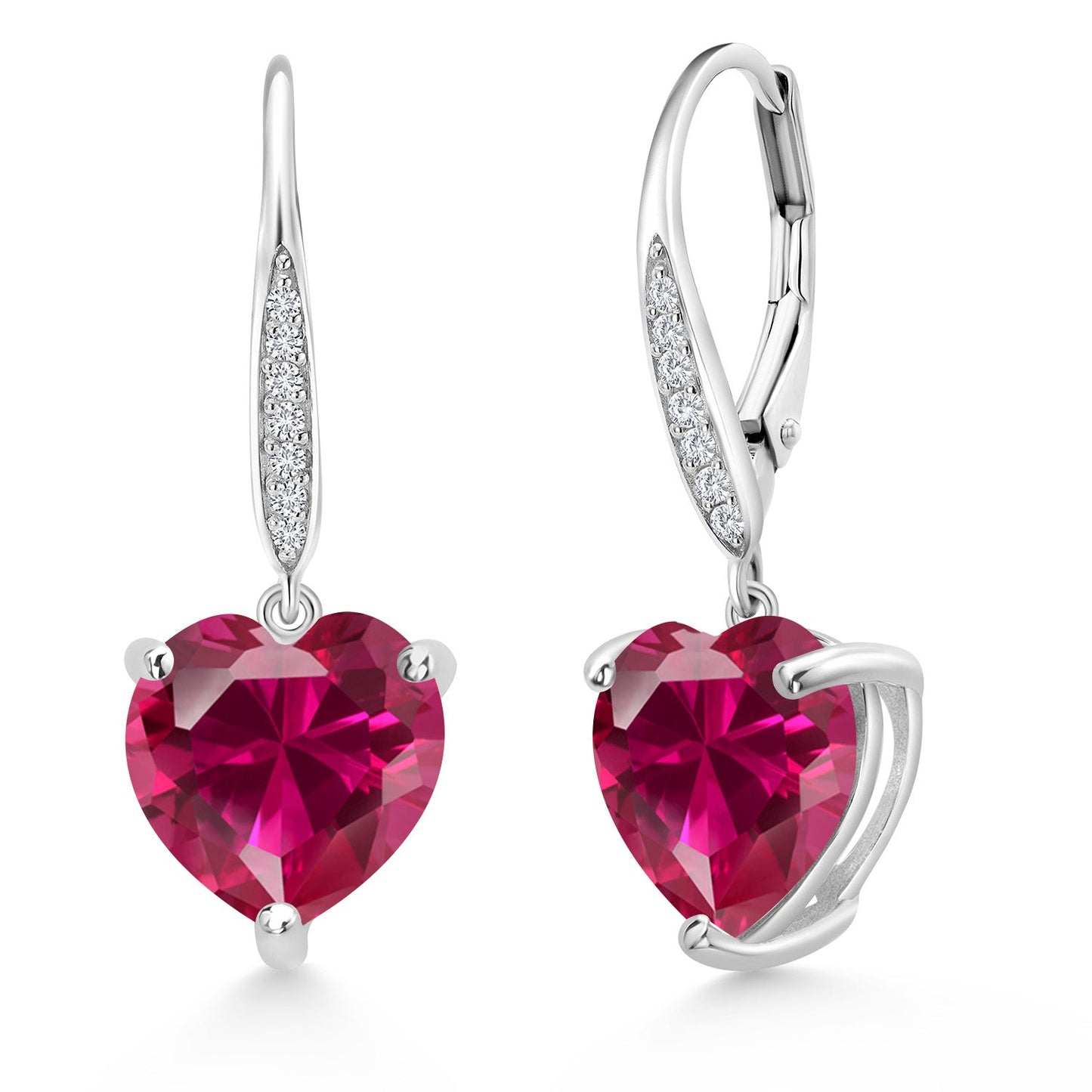 925 Sterling Silver 10MM Heart Shape Gemstone Birthstone and White Lab Grown Diamond Leverback Dangle Drop Earrings | Gold Earrings For Women