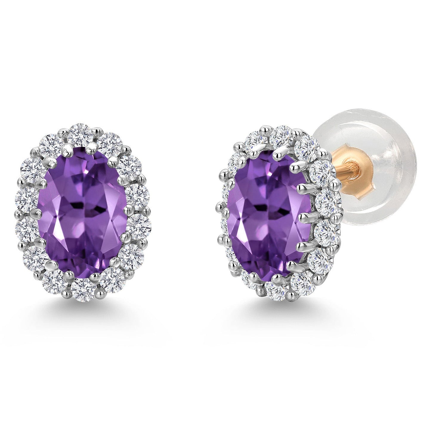 10K Solid Gold Post and Sterling Silver 6X4MM Oval Gemstone Birthstone and White Lab Grown Diamond Halo Earrings For Women