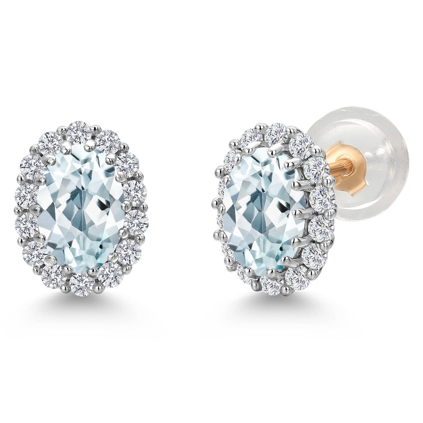 10K Solid Gold Post and Sterling Silver 6X4MM Oval Gemstone Birthstone and White Lab Grown Diamond Halo Earrings For Women