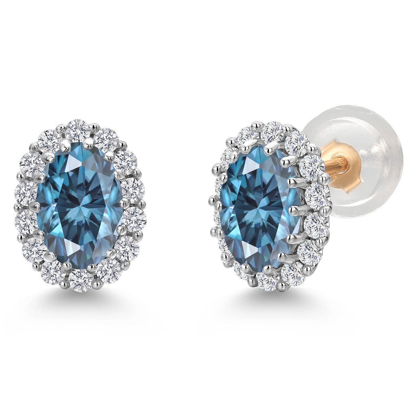 10K Solid Gold Post and Sterling Silver 6X4MM Oval Gemstone Birthstone and White Lab Grown Diamond Halo Earrings For Women