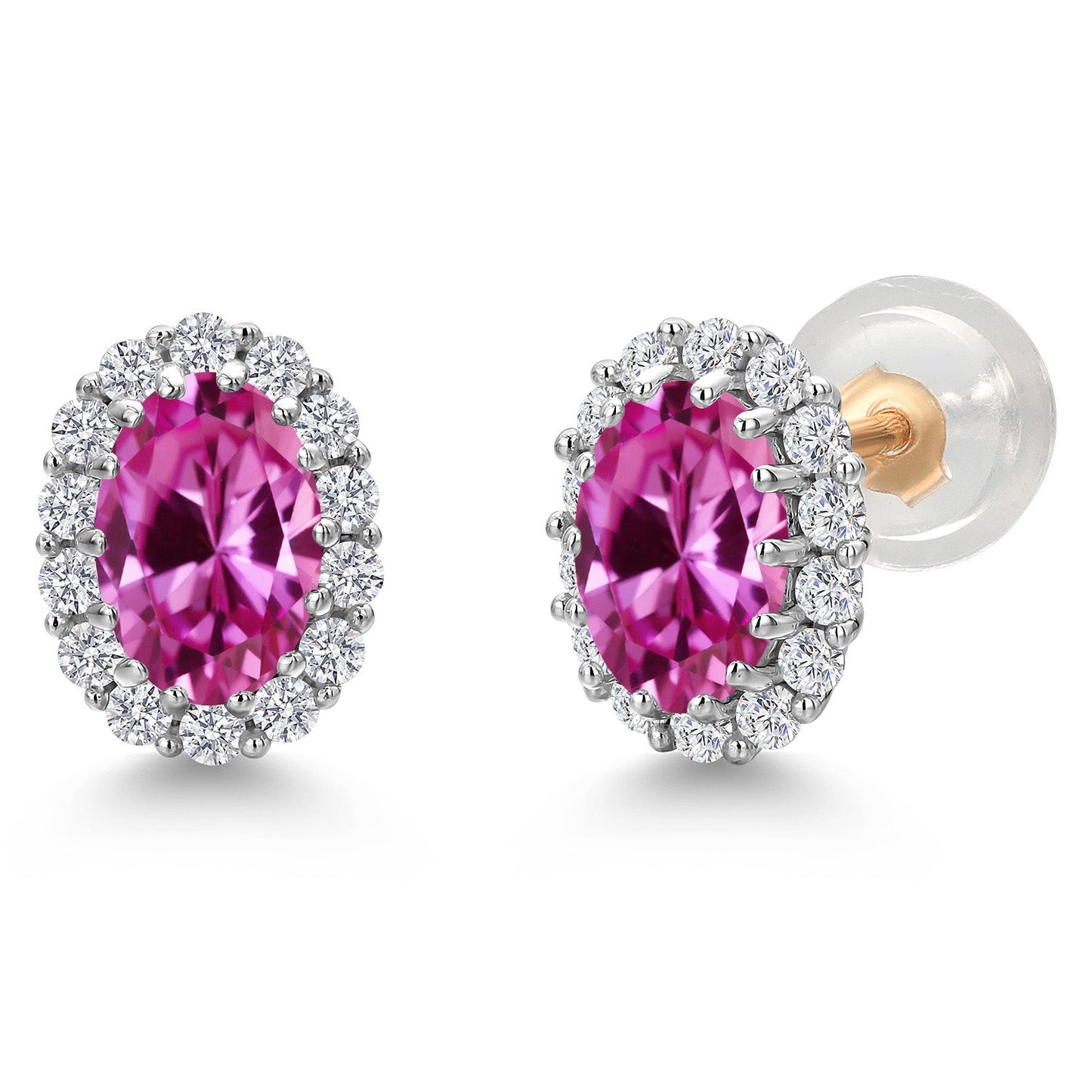 10K Solid Gold Post and Sterling Silver 6X4MM Oval Gemstone Birthstone and White Lab Grown Diamond Halo Earrings For Women