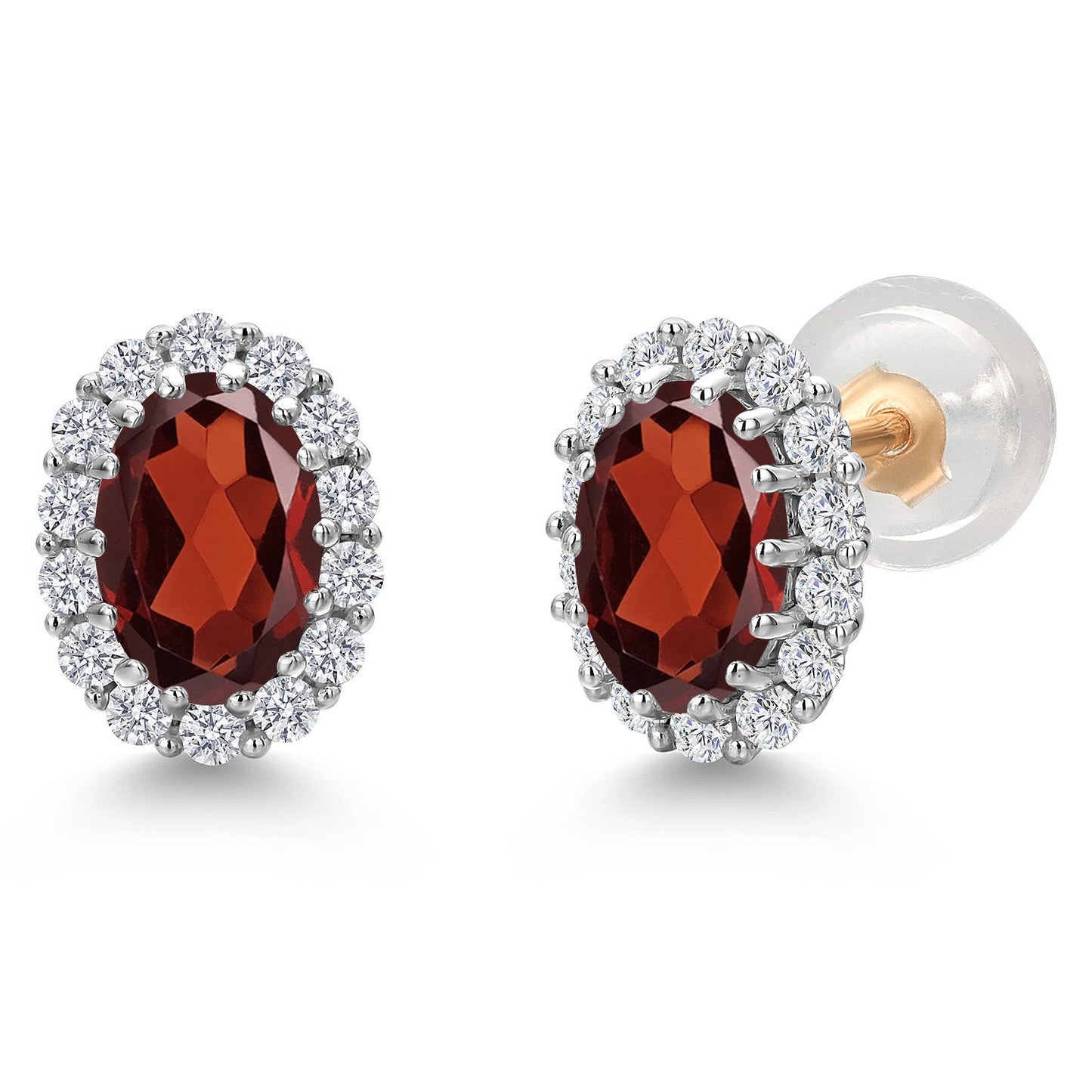 10K Solid Gold Post and Sterling Silver 6X4MM Oval Gemstone Birthstone and White Lab Grown Diamond Halo Earrings For Women