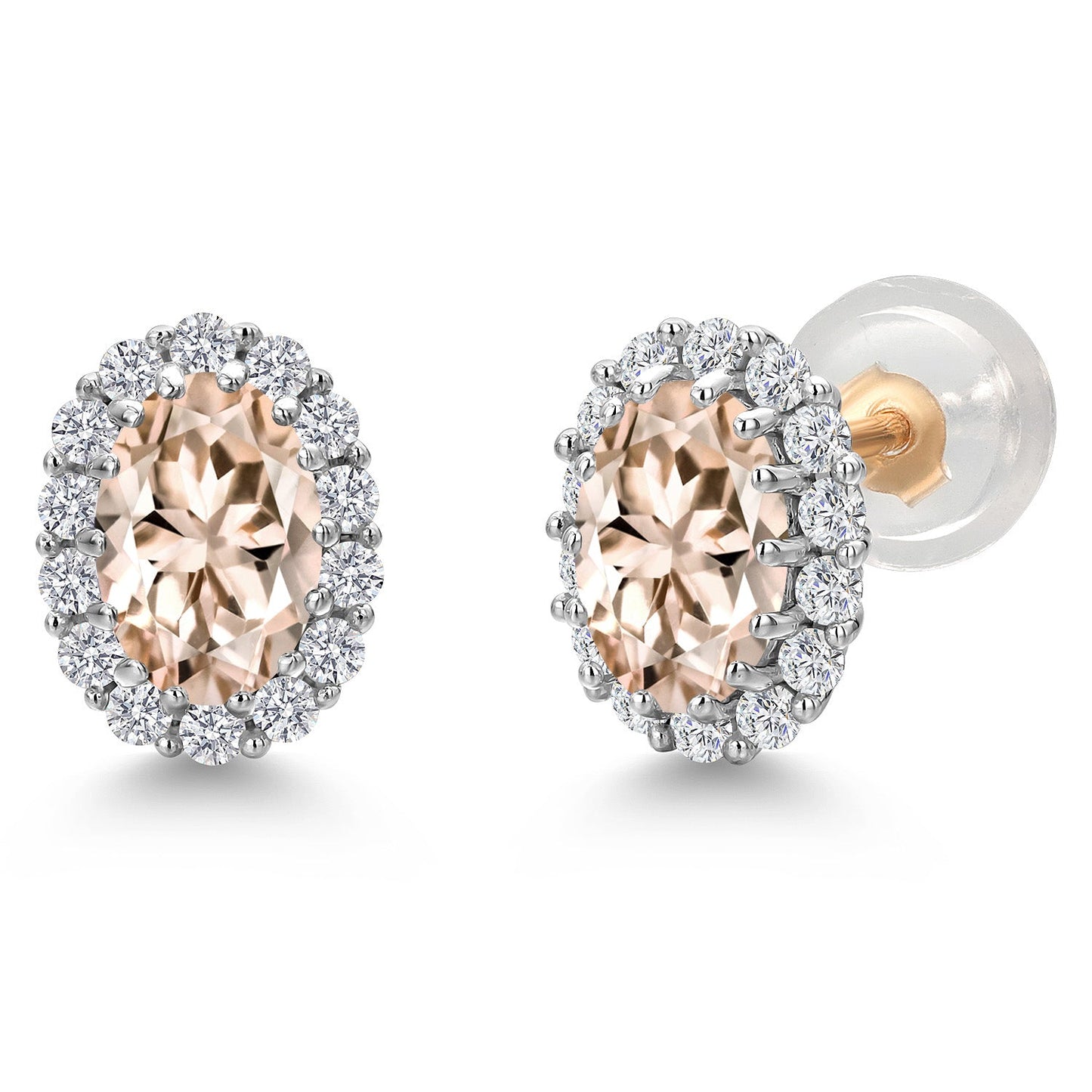 10K Solid Gold Post and Sterling Silver 6X4MM Oval Gemstone Birthstone and White Lab Grown Diamond Halo Earrings For Women